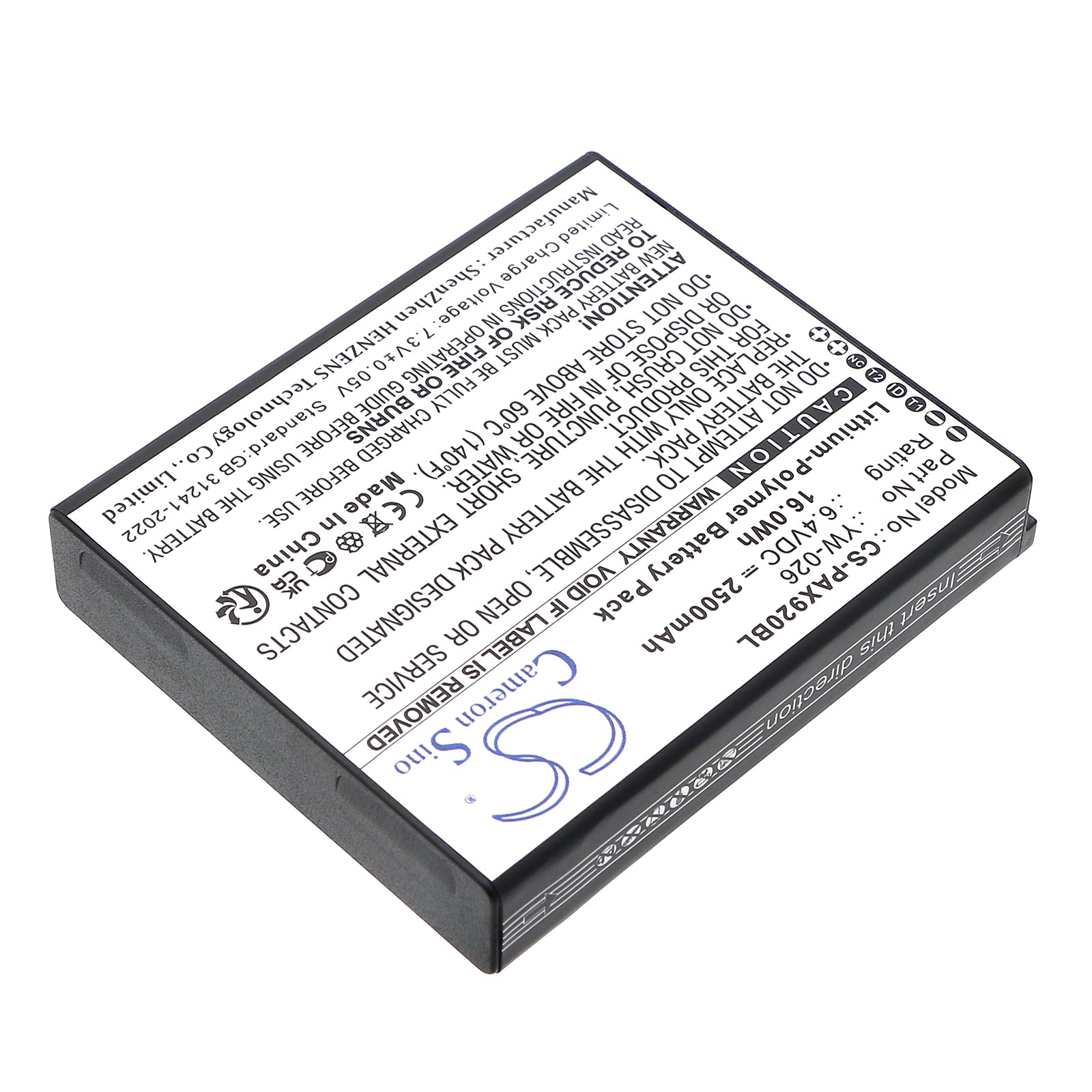 6.4V, Li-Polymer, 2500mAh, Battery fits Pax A920 MAX, 16Wh Payment Terminal Cameron Sino Technology Limited