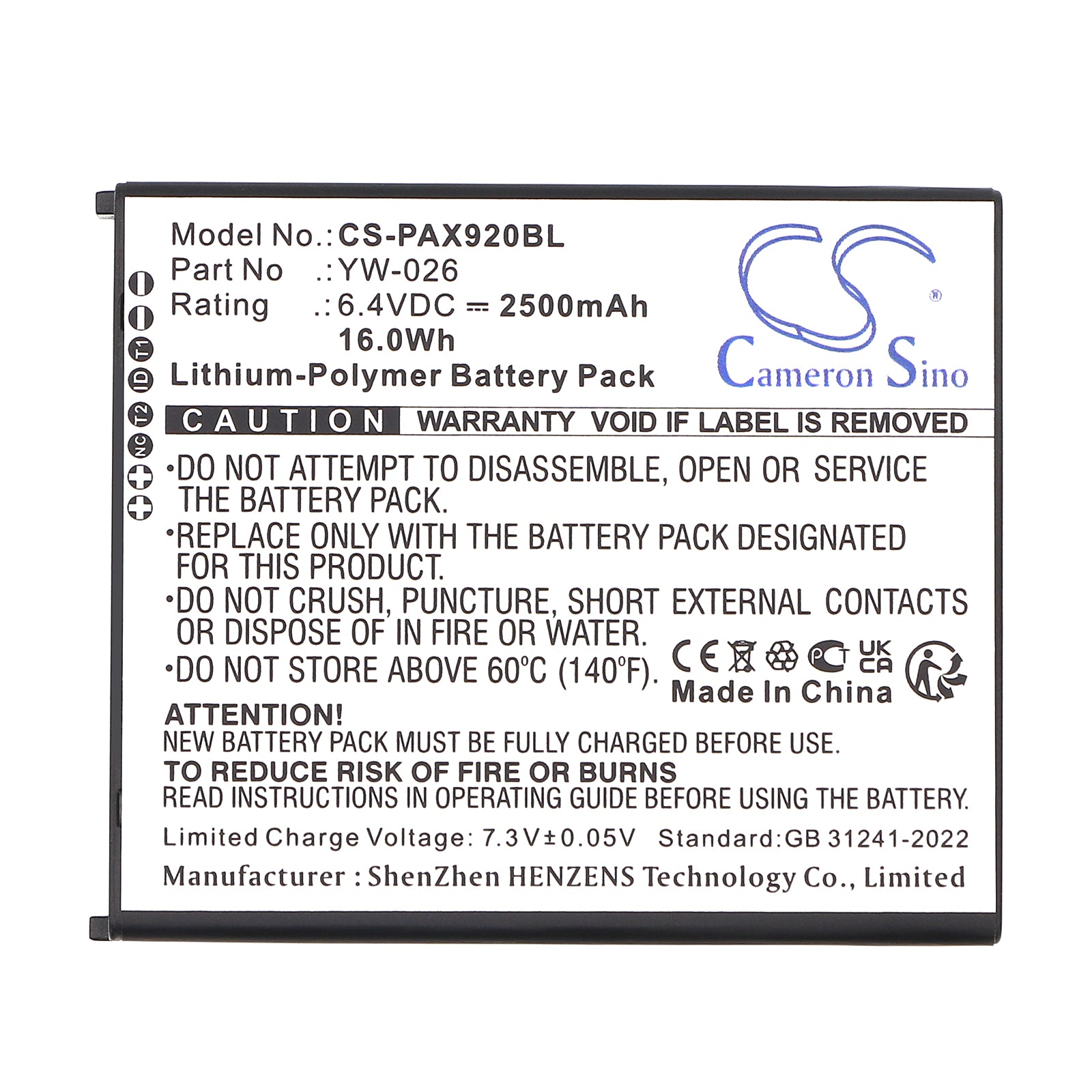 6.4V, Li-Polymer, 2500mAh, Battery fits Pax A920 MAX, 16Wh Payment Terminal Cameron Sino Technology Limited