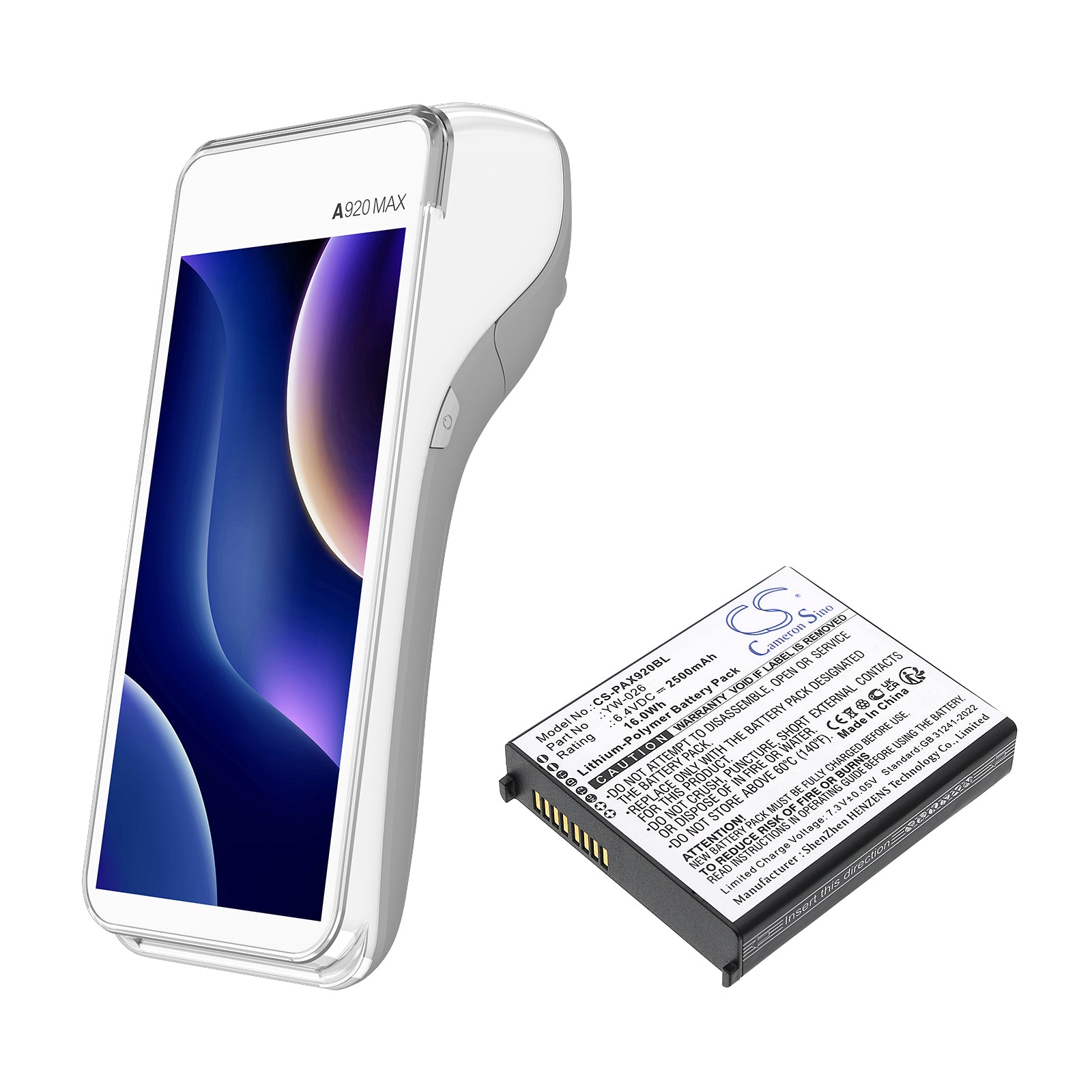 6.4V, Li-Polymer, 2500mAh, Battery fits Pax A920 MAX, 16Wh Payment Terminal Cameron Sino Technology Limited