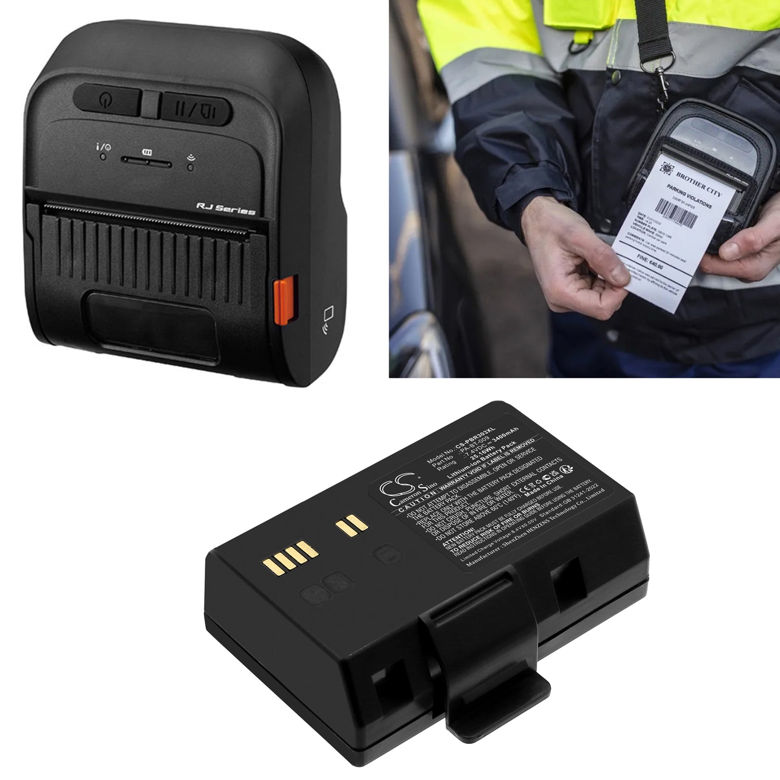 7.4V, Li-ion, 3400mAh, Battery fits Brother RJ-3035B, RJ-3055WB, 25.16Wh Portable Printer Cameron Sino Technology Limited