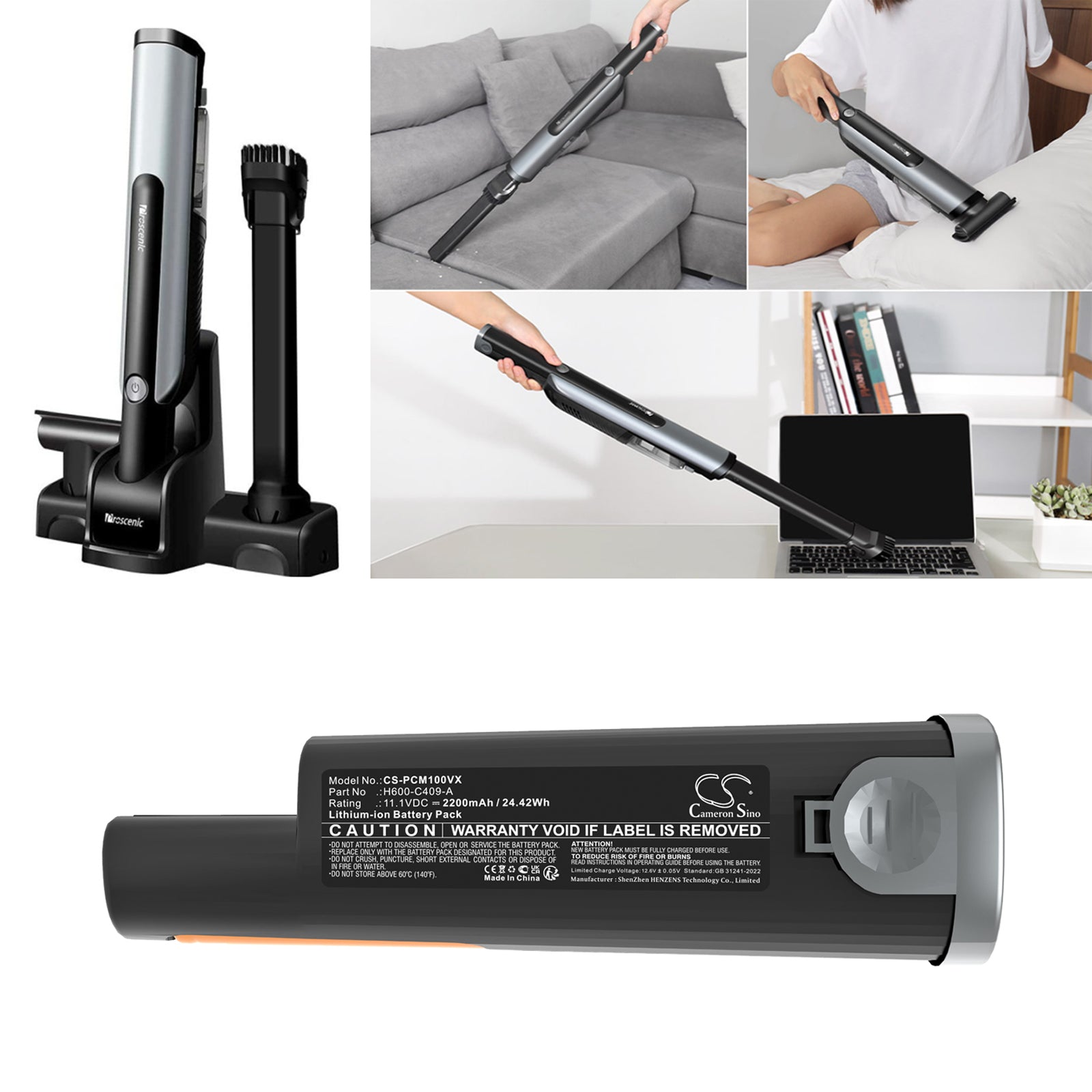 11.1V, Li-ion, 2200mAh, Battery fits ROBIT H600 | Proscenic S1, S1 Handheld Vacuum, 24.42Wh Vacuum Cameron Sino Technology Limited