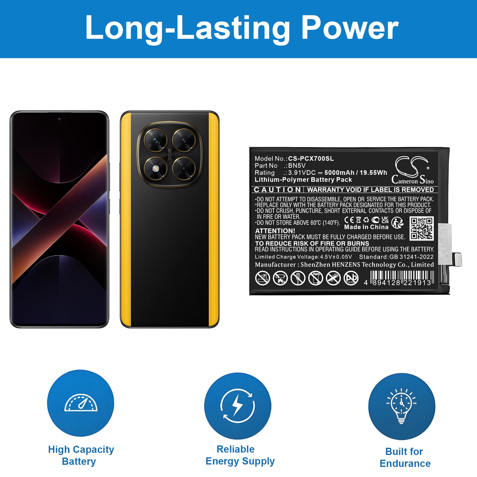 3.91V, Li-Polymer, 5000mAh, Battery fits Poco X7, 19.55Wh Mobile, SmartPhone Cameron Sino Technology Limited
