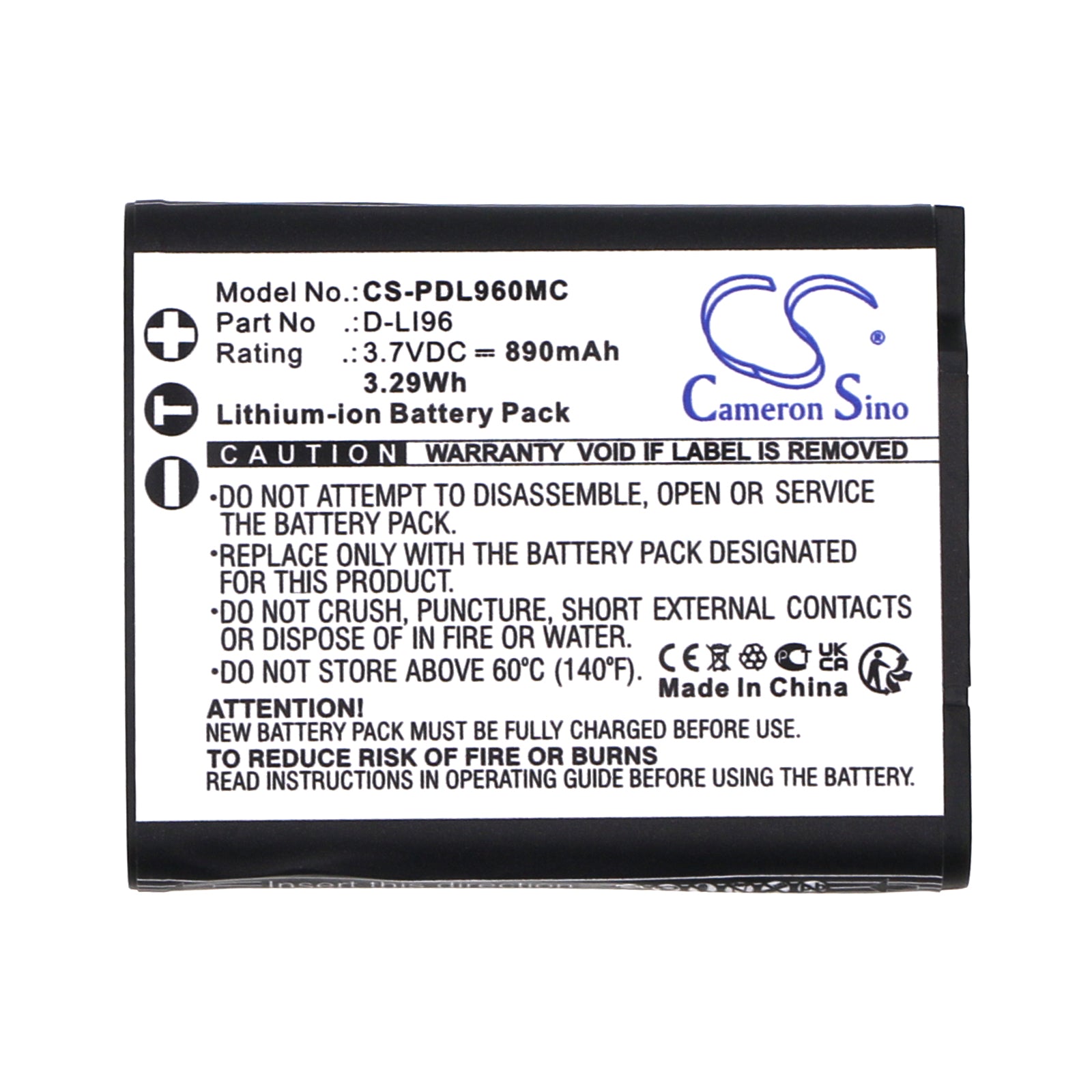 Li-ion, Camera Battery fits Pentax Wg-1000, 3.7V, 890mAh Camera Cameron Sino Technology Limited