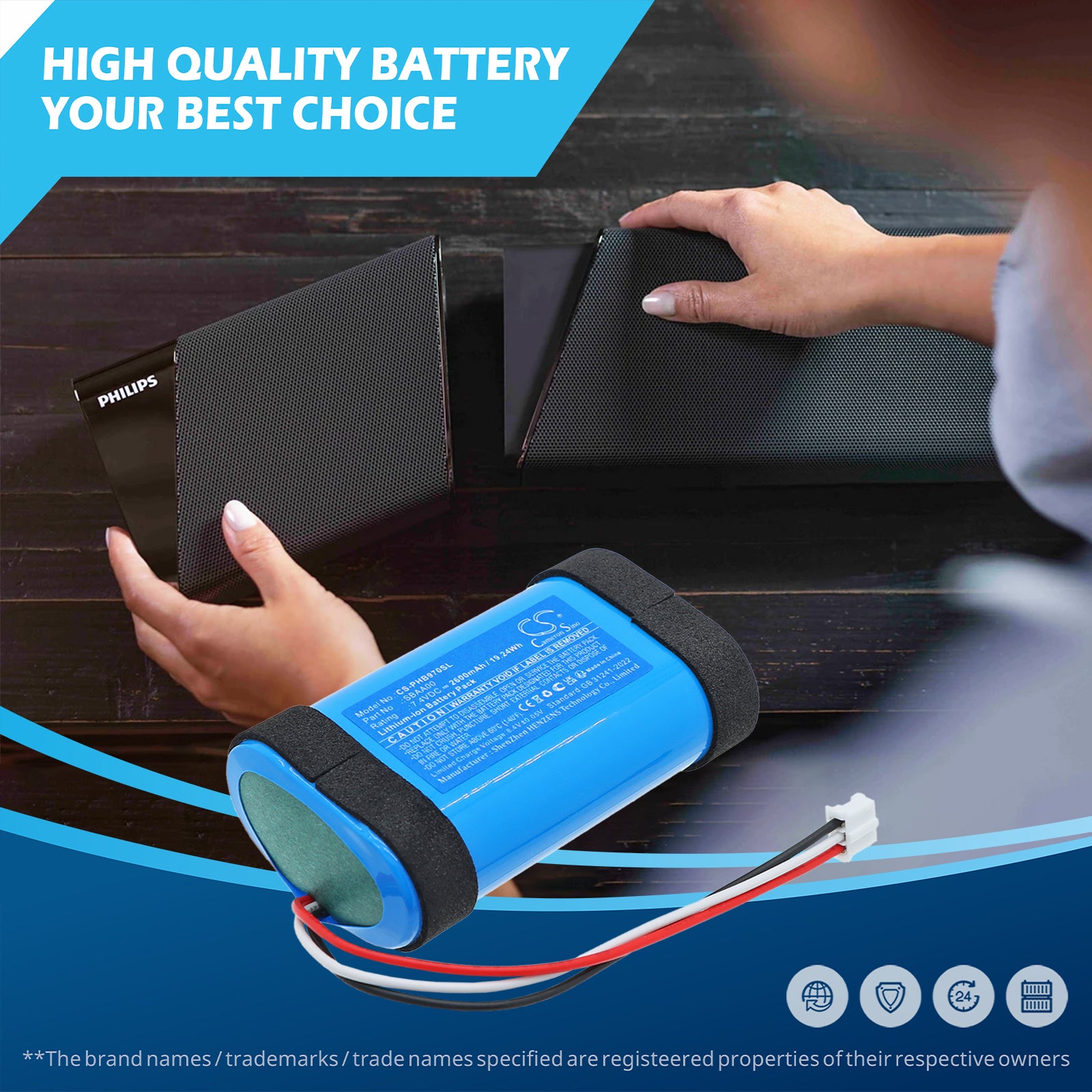 7.4V, Li-ion, 2600mAh, Battery fits Philips Audio Fidelio B97/1, B97/10, 19.24Wh Speaker Cameron Sino Technology Limited