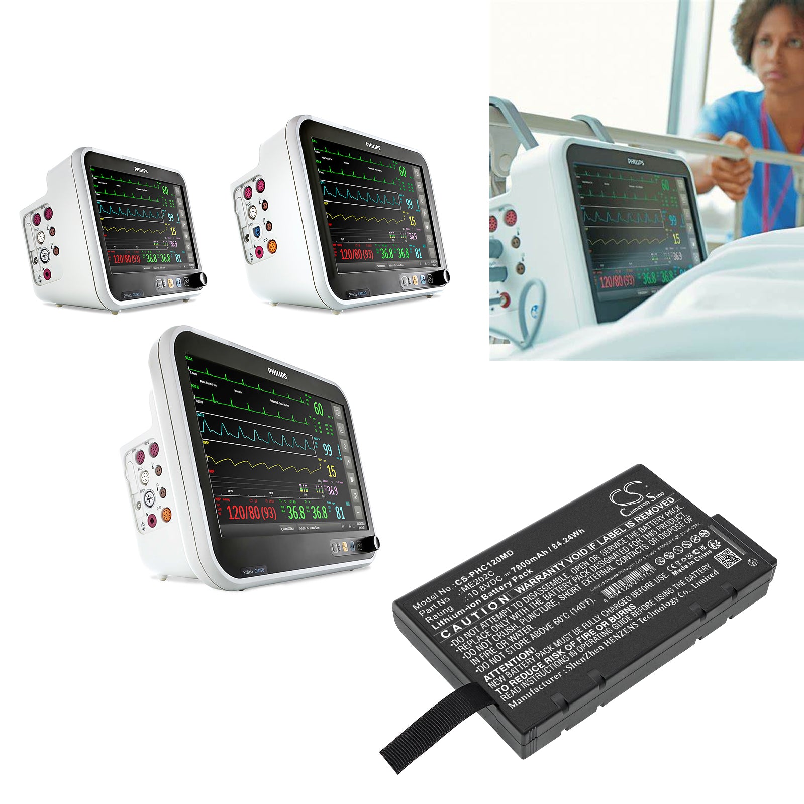 10.8V, Li-ion, 7800mAh, Battery fits Philips Efficia CM10, Efficia CM12, 84.24Wh Medical Cameron Sino Technology Limited