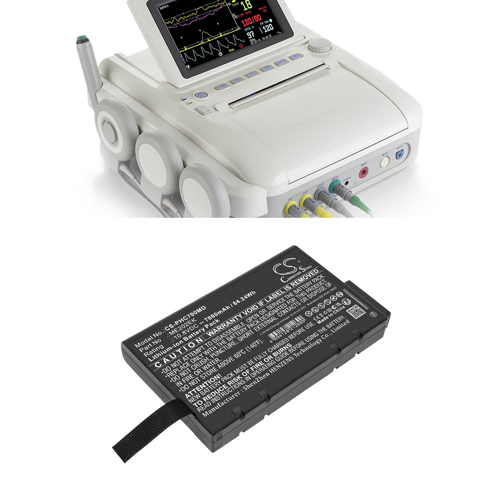 10.8V, Li-ion, 7800mAh, Battery fits Philips Micron Transport CTG7, 84.24Wh Medical Cameron Sino Technology Limited
