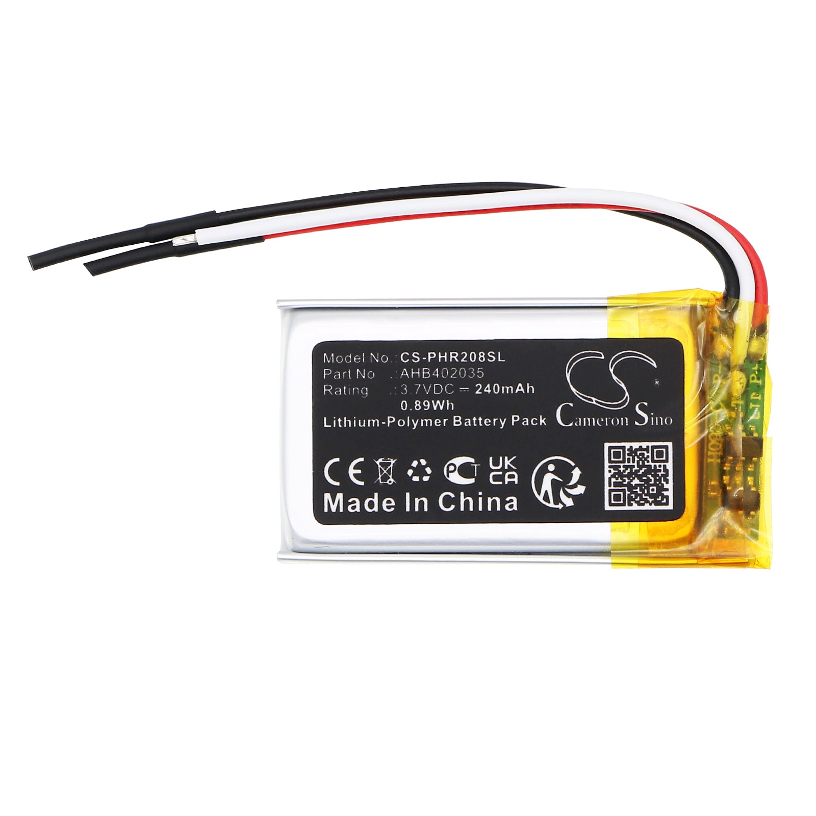 3.7V, Li-Polymer, 240mAh, Battery fits Philips CVR208, 0.89Wh Dashcam Cameron Sino Technology Limited