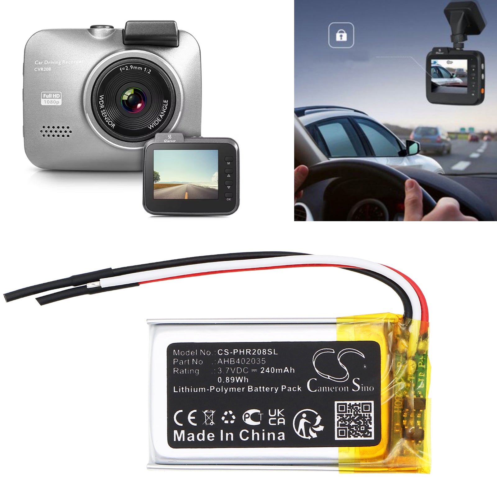3.7V, Li-Polymer, 240mAh, Battery fits Philips CVR208, 0.89Wh Dashcam Cameron Sino Technology Limited