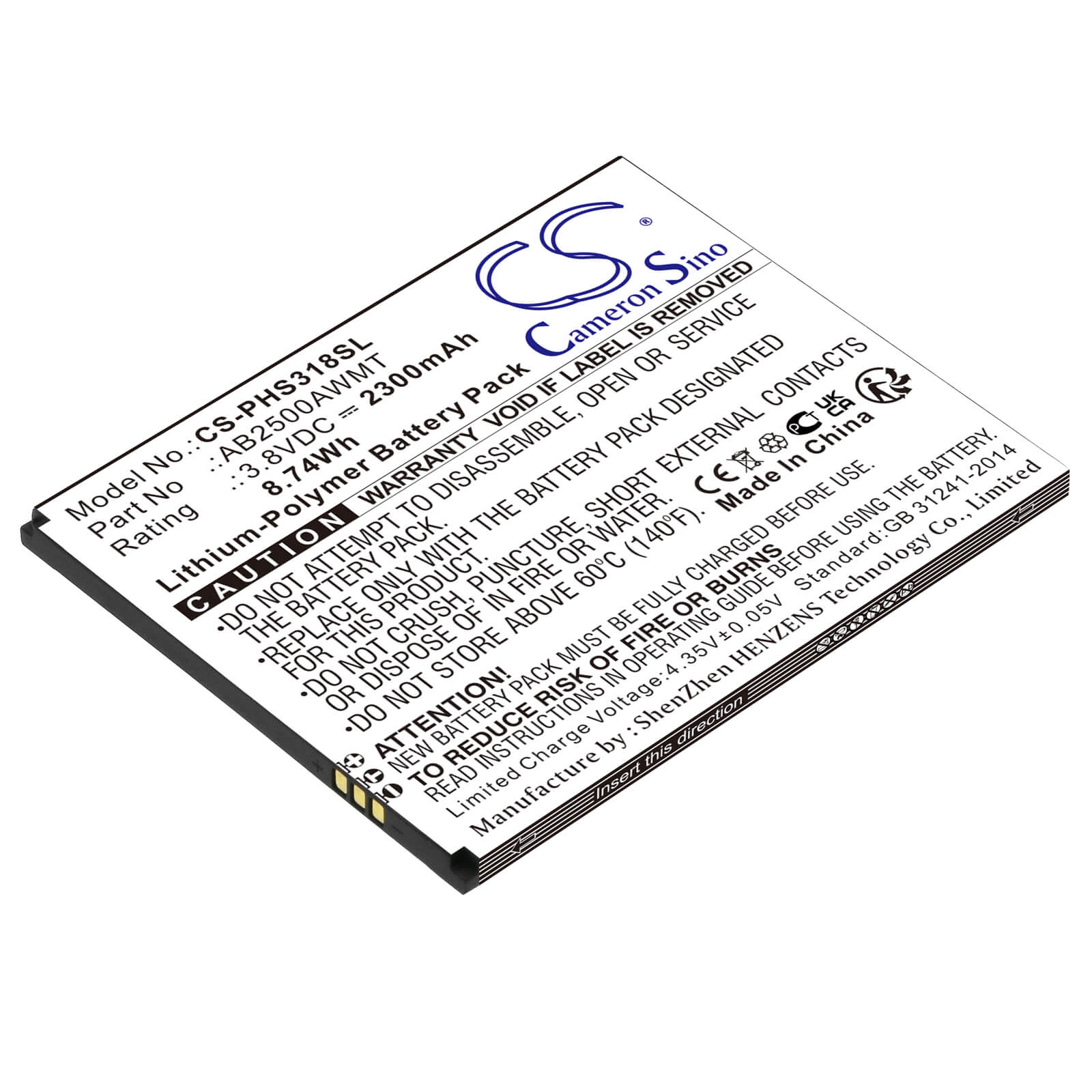 Li-ion Battery fits Philips, Cts318, Xenium S318 3.7V, 2300mAh Mobile & SmartPhone Cameron Sino Technology Limited
