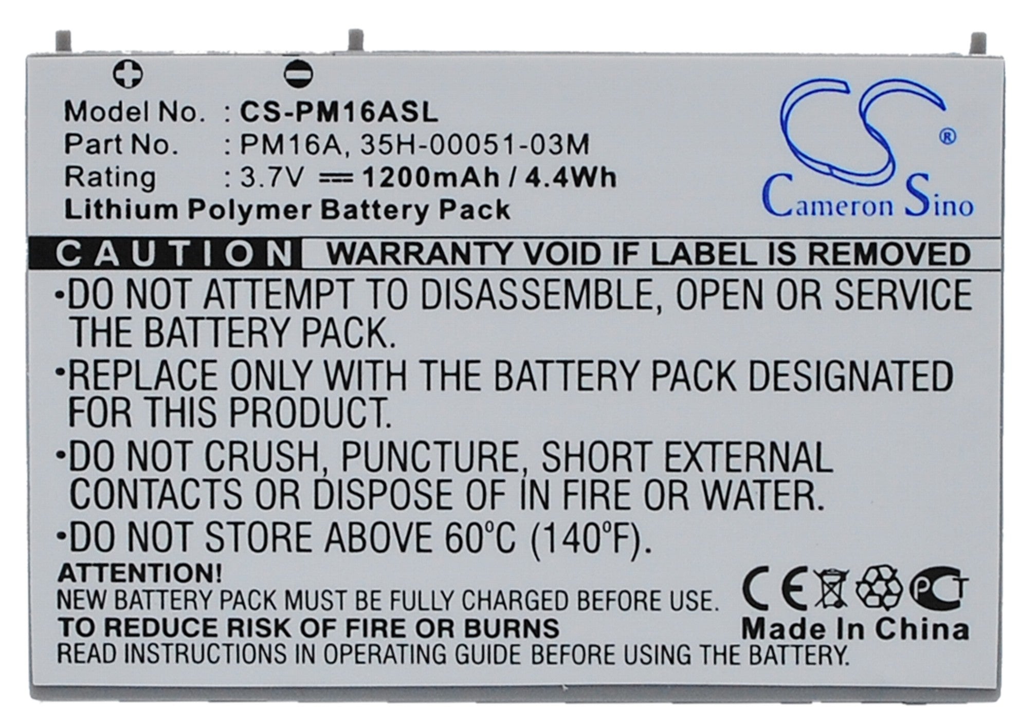Li-Polymer, Mobile, SmartPhone Battery fits Era Mda Compact, Mda Compact Ii, 3.7V, 1200mAh Mobile, SmartPhone Cameron Sino Technology Limited