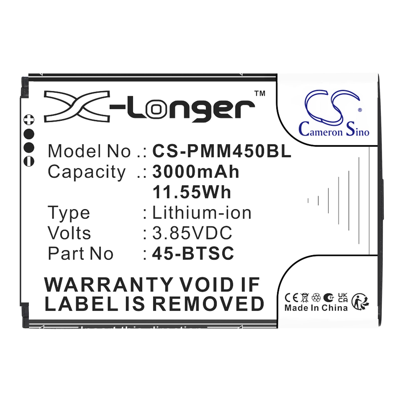 3.85V, Li-ion, 3000mAh, Battery fits Point Mobile PM45, 11.55Wh Barcode Scanner Cameron Sino Technology Limited