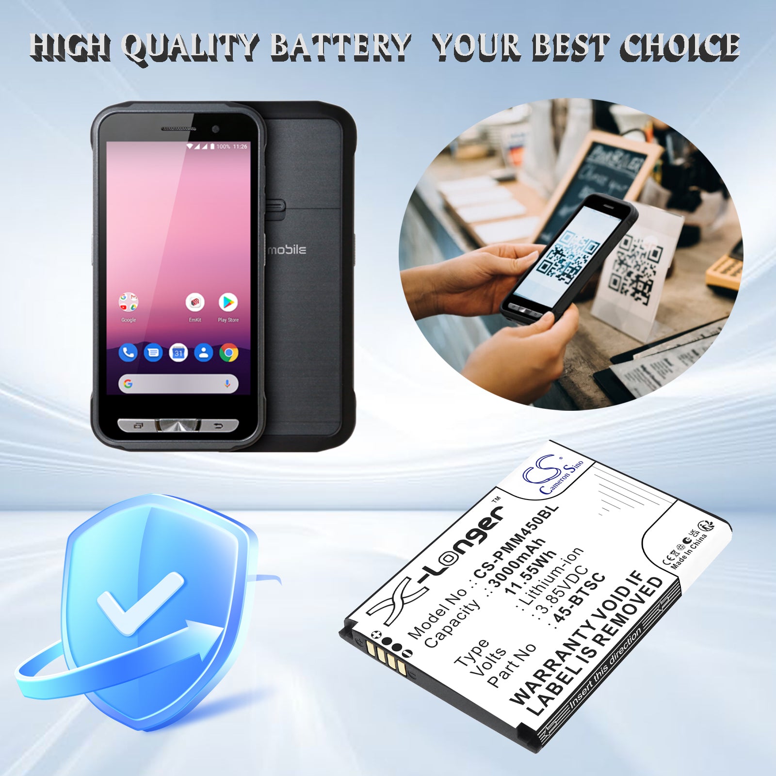 3.85V, Li-ion, 3000mAh, Battery fits Point Mobile PM45, 11.55Wh Barcode Scanner Cameron Sino Technology Limited