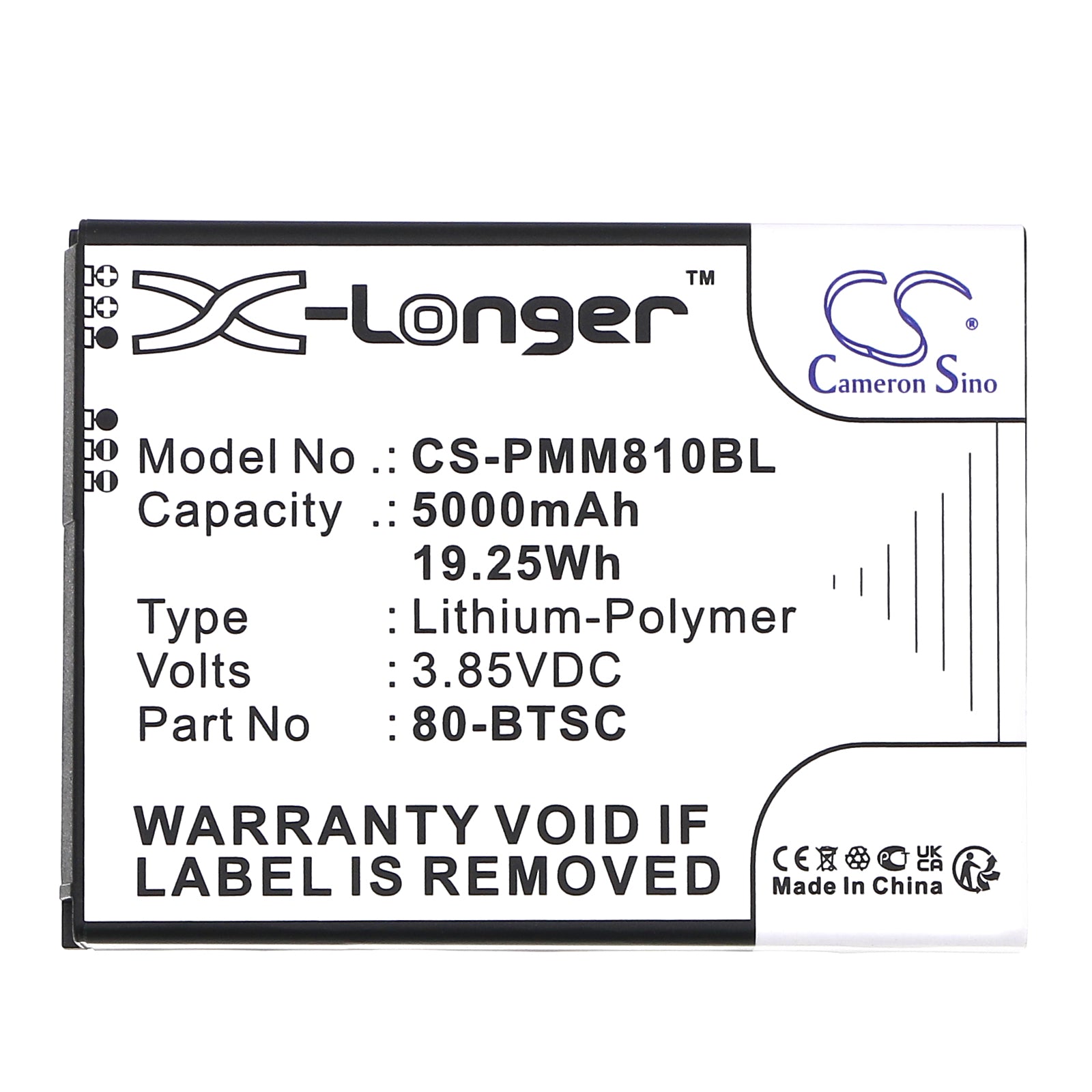 3.85V, Li-Polymer, 5000mAh, Battery fits Point Mobile PM80, 19.25Wh Barcode Scanner Cameron Sino Technology Limited