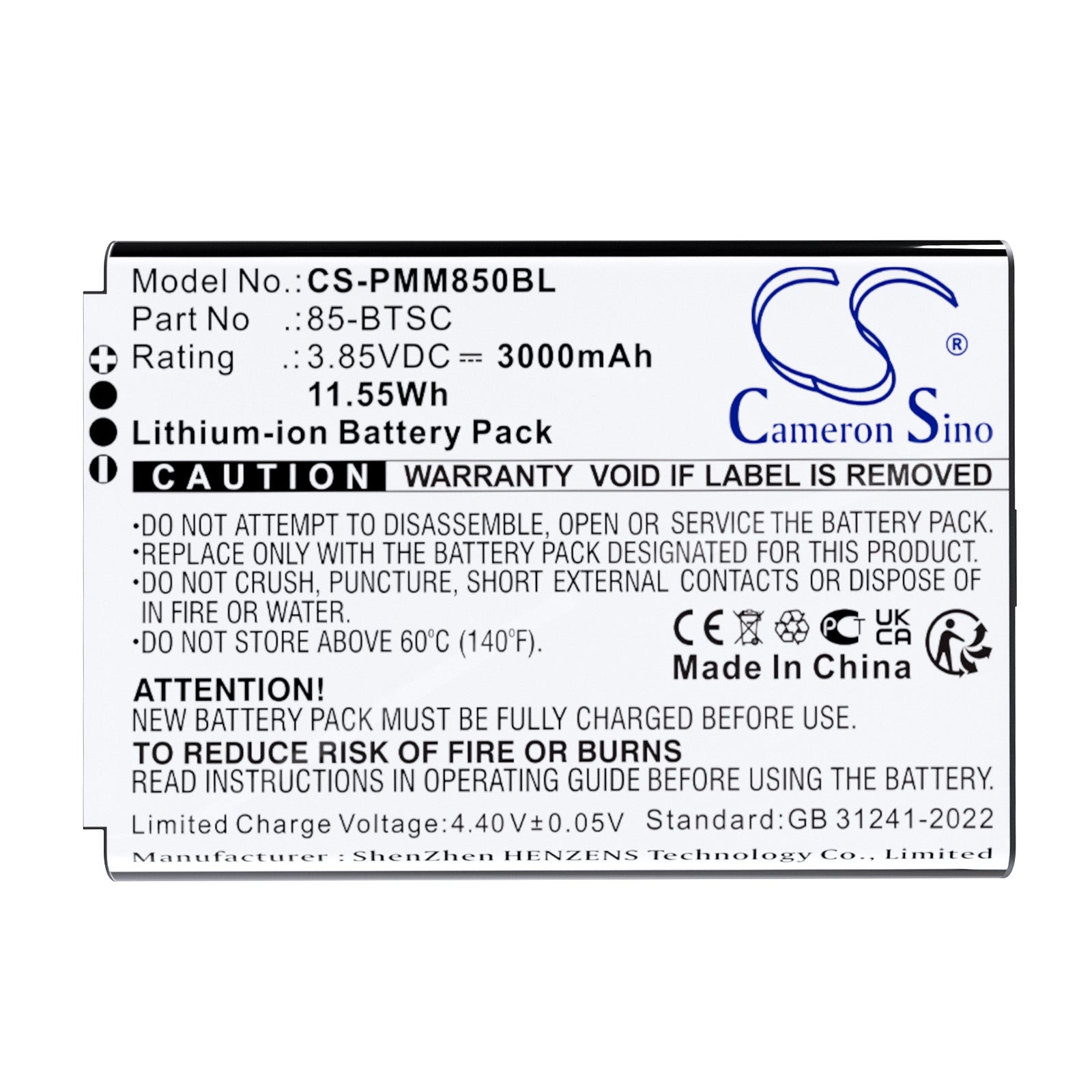 3.85V, Li-ion, 3000mAh, Battery fits Point Mobile PM85, PM90, 11.55Wh Barcode Scanner Cameron Sino Technology Limited