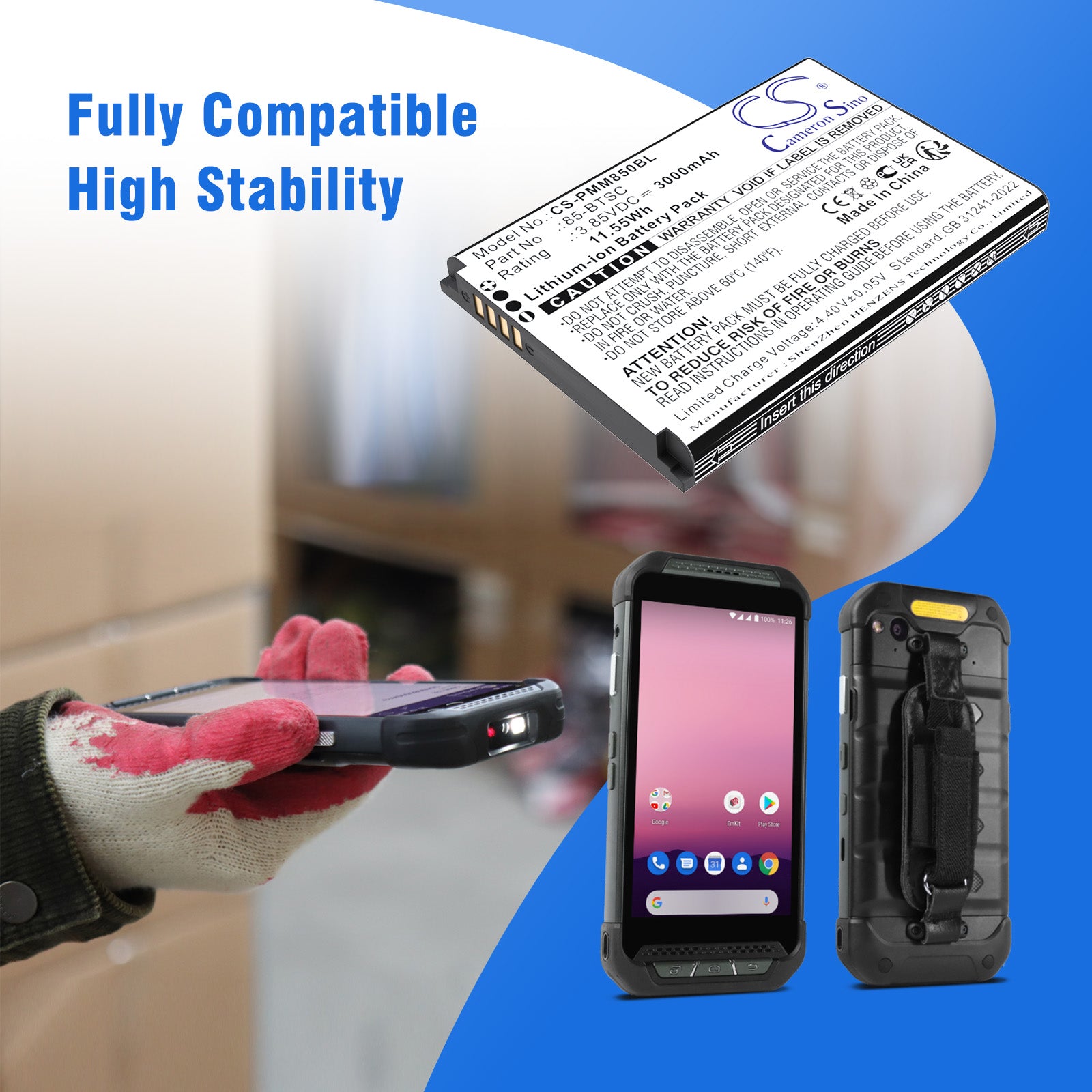 3.85V, Li-ion, 3000mAh, Battery fits Point Mobile PM85, PM90, 11.55Wh Barcode Scanner Cameron Sino Technology Limited