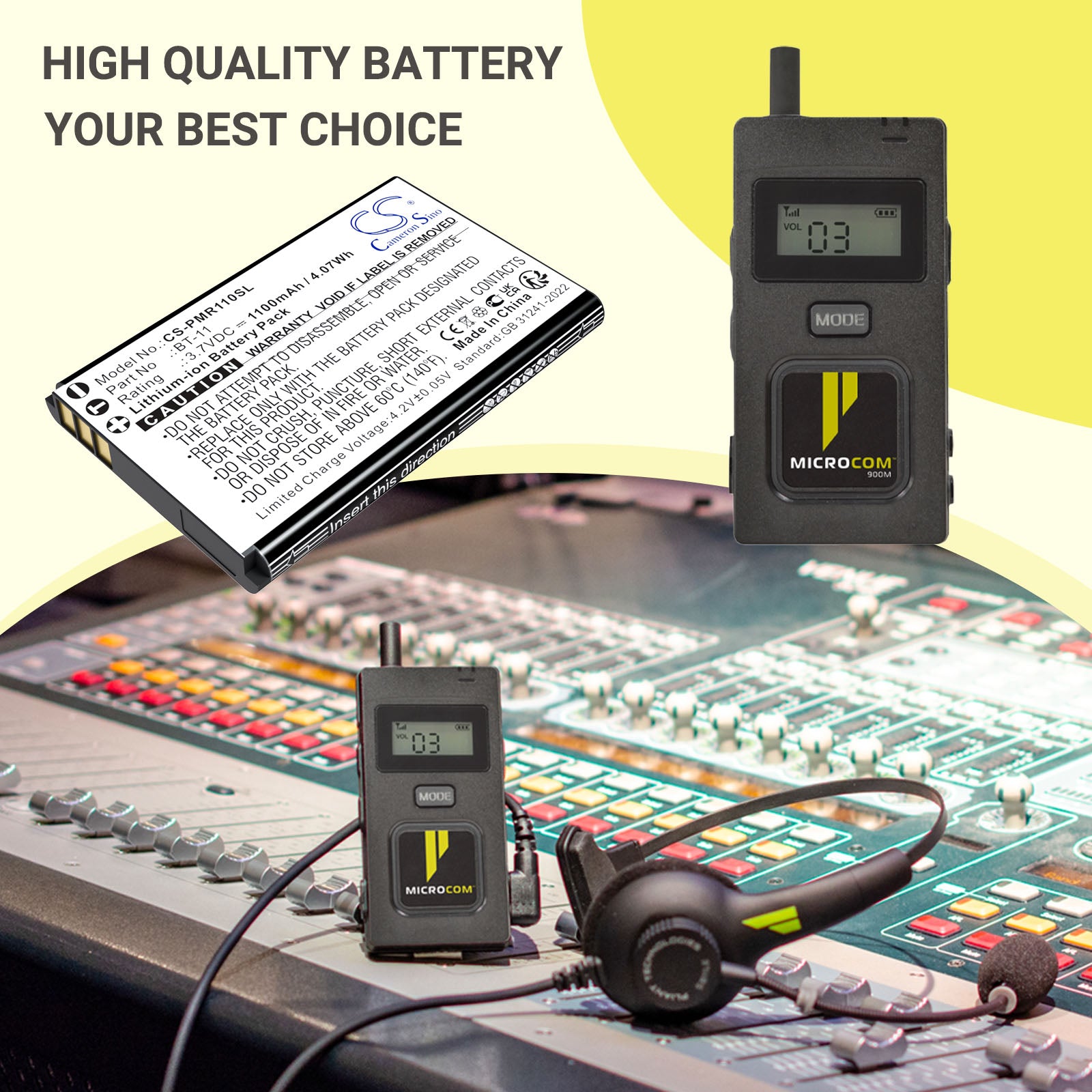 3.7V, Li-ion, 1100mAh, Battery fits Pliant MicroCom M 900MHz, MicroCom M Beltpacks, 4.07Wh Speaker Cameron Sino Technology Limited