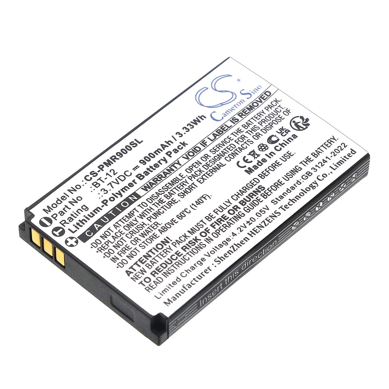 3.7V, Li-Polymer, 900mAh, Battery fits Pliant MicroCom XR, MicroCom XR900 all-in-one headset, 3.33Wh Speaker Cameron Sino Technology Limited