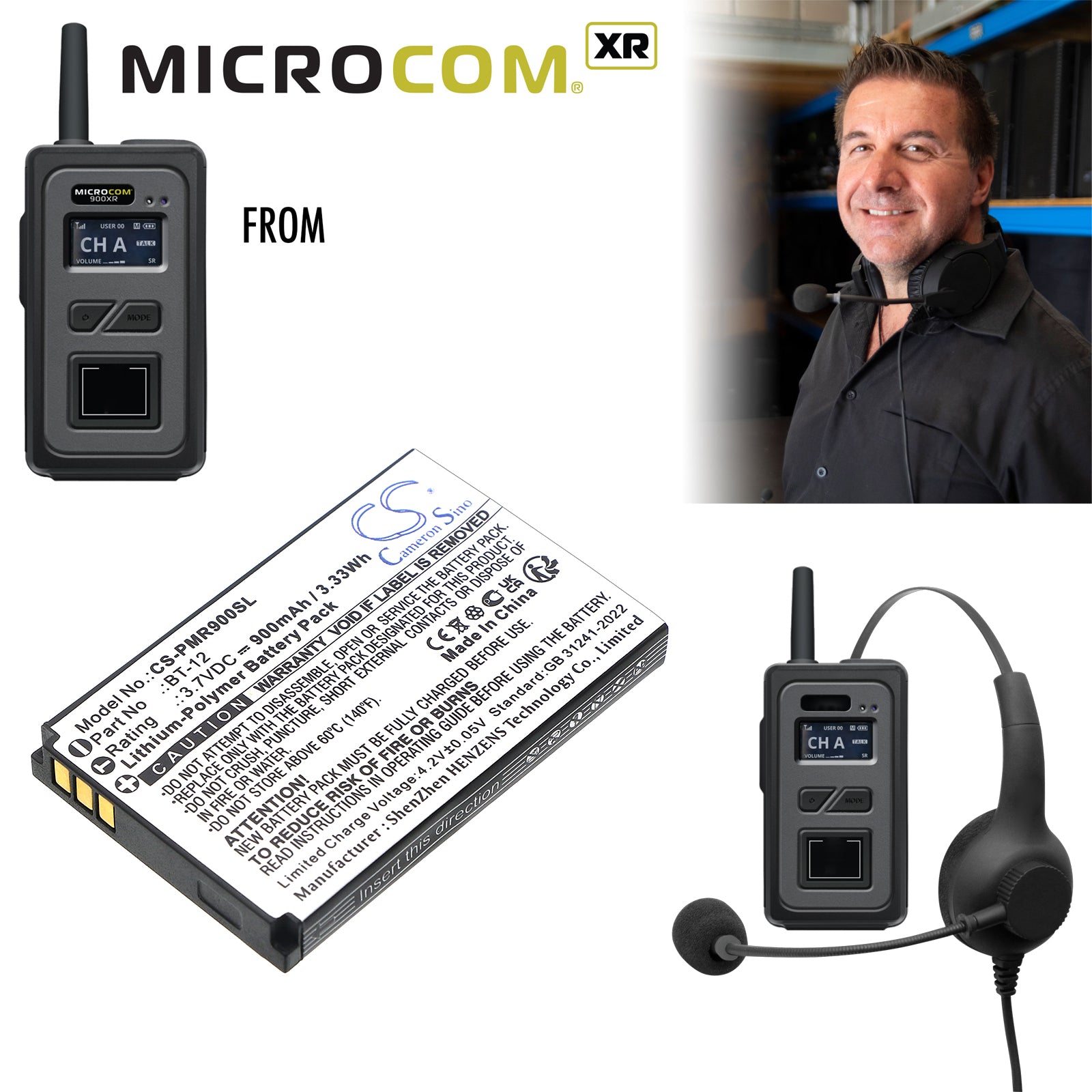 3.7V, Li-Polymer, 900mAh, Battery fits Pliant MicroCom XR, MicroCom XR900 all-in-one headset, 3.33Wh Speaker Cameron Sino Technology Limited