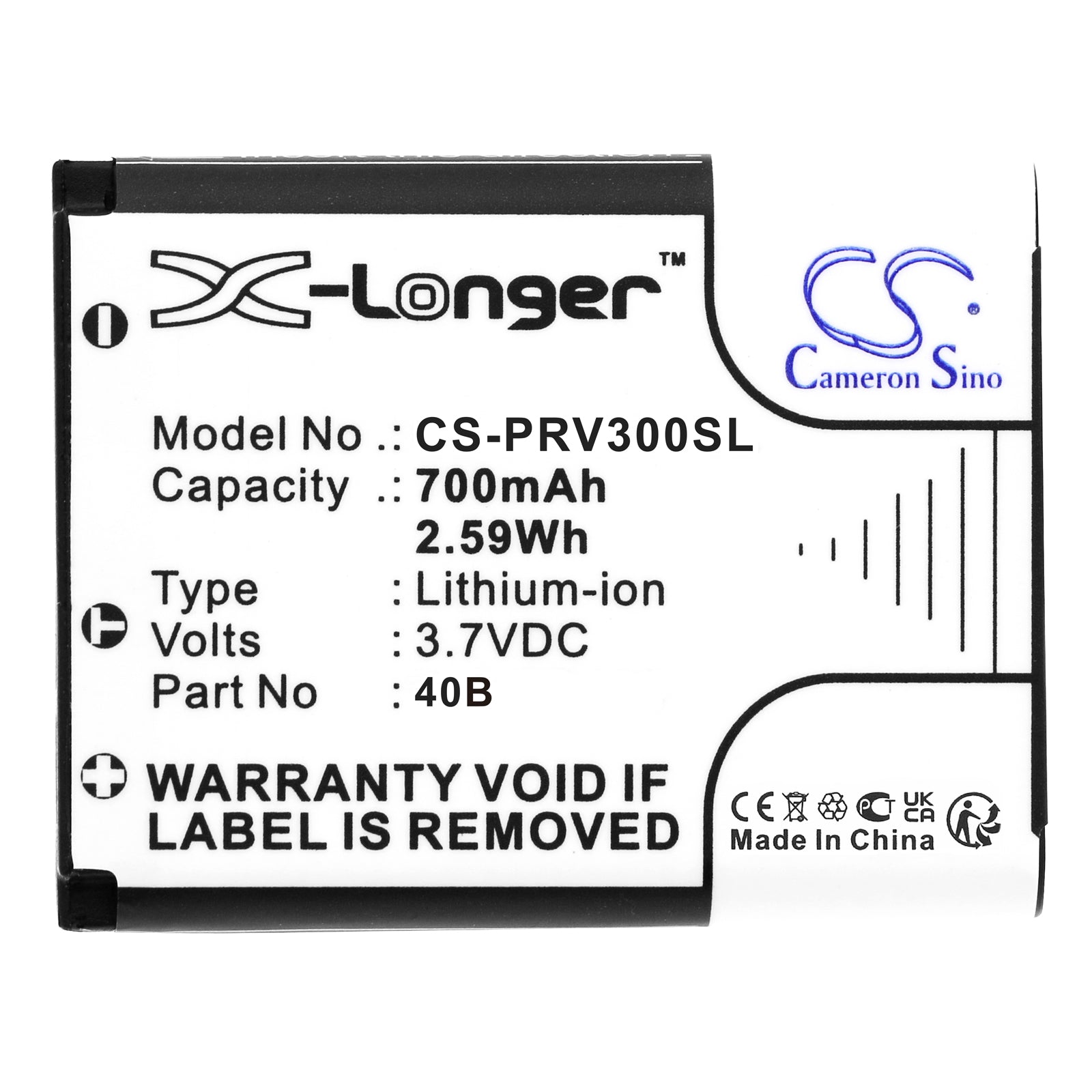 Li-ion, Dashcam Battery fits Prestigio Lr-300, Roadrunner 300, 3.7V, 700mAh Dashcam Cameron Sino Technology Limited