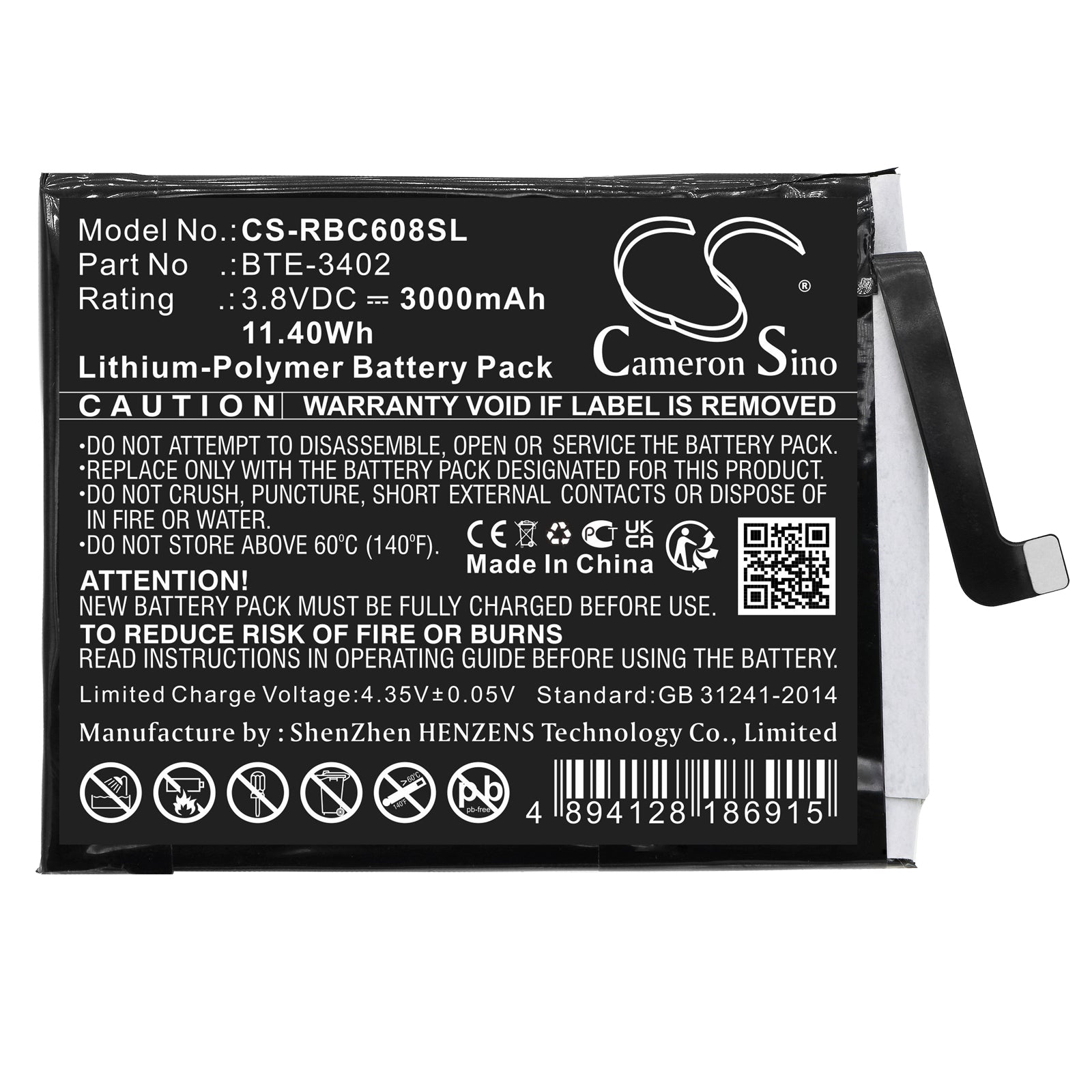 Li-Polymer, Mobile, SmartPhone Battery fits Orbic Joy, Orb608lbvzpp, 3.8V, 3000mAh Mobile, SmartPhone Cameron Sino Technology Limited