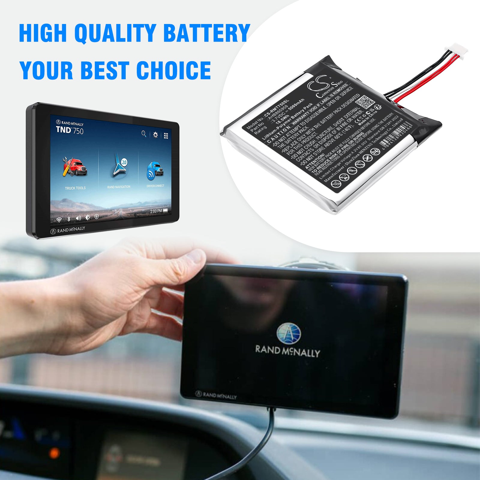3.7V, Li-Polymer, 5000mAh, Battery fits Rand McNally TND-750, 18.5Wh GPS, Navigator Cameron Sino Technology Limited