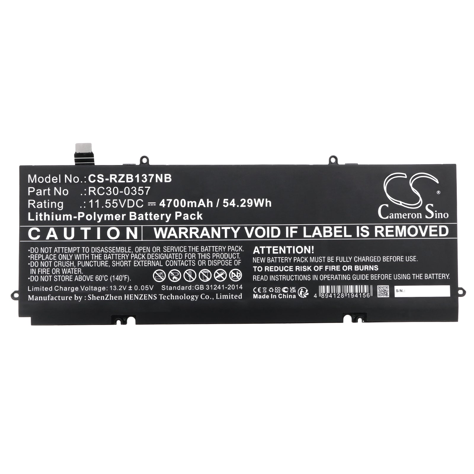 Li-Polymer, Notebook, Laptop Battery fits Razer Book 13 Core I7, Book 13 Fhd, 11.55V, 4700mAh Notebook, Laptop Cameron Sino Technology Limited