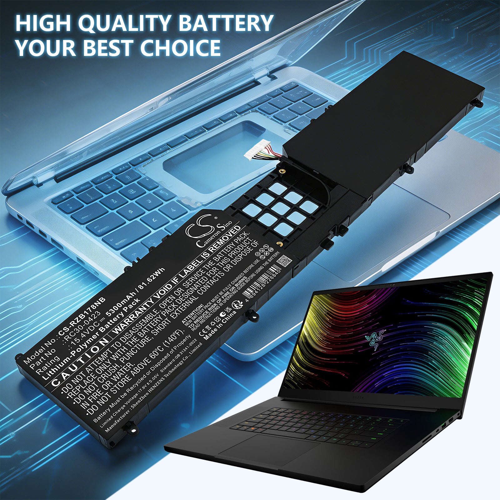 15.4V, Li-Polymer, 5300mAh, Battery fits Razer Blade 17 Early 2022, Blade 17 RTX 3080 Ti, 81.62Wh Notebook, Laptop Cameron Sino Technology Limited