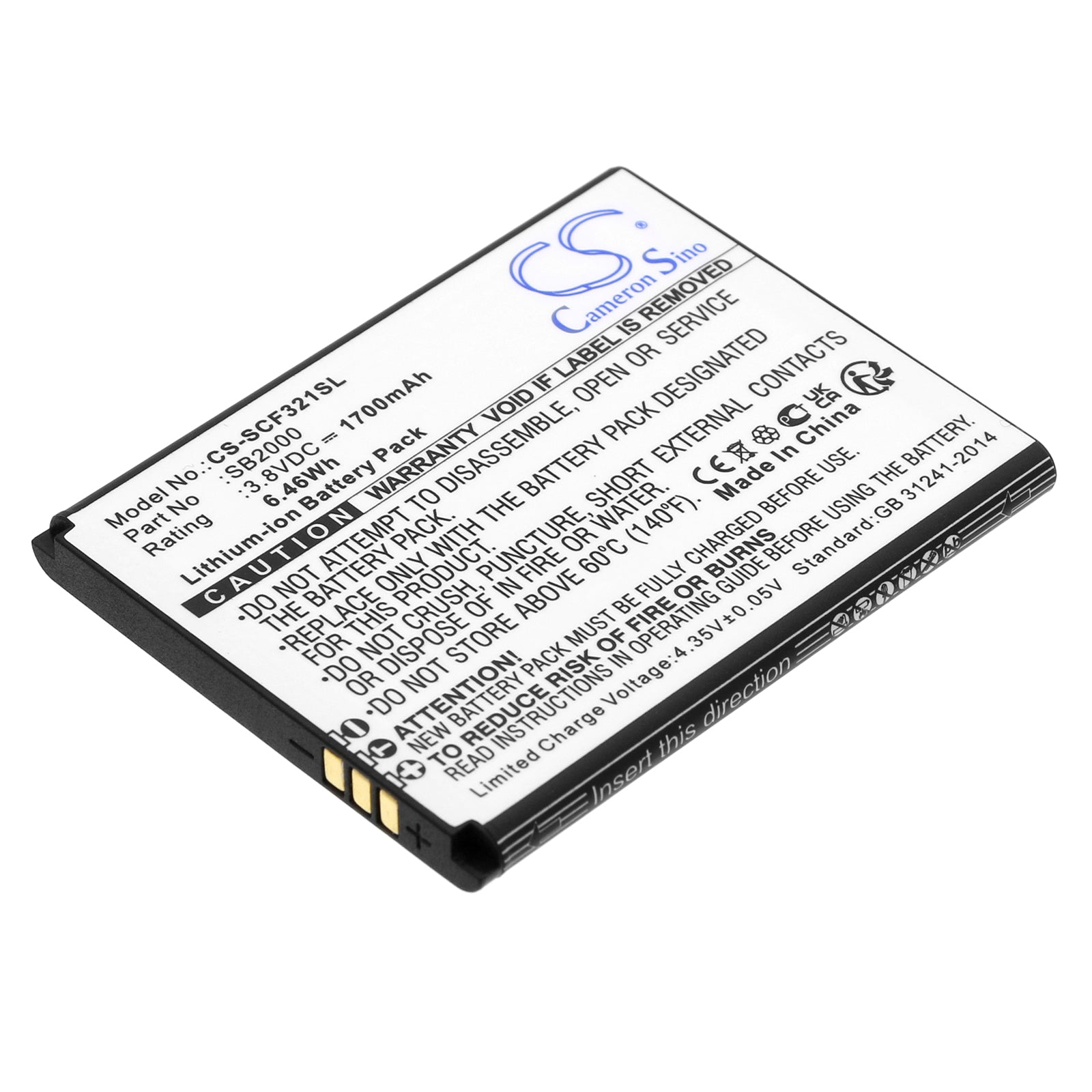 Li-ion, Mobile, SmartPhone Battery fits Schok Flip Sc3218b, Flip Sc3218t, 3.8V, 1700mAh Mobile, SmartPhone Cameron Sino Technology Limited