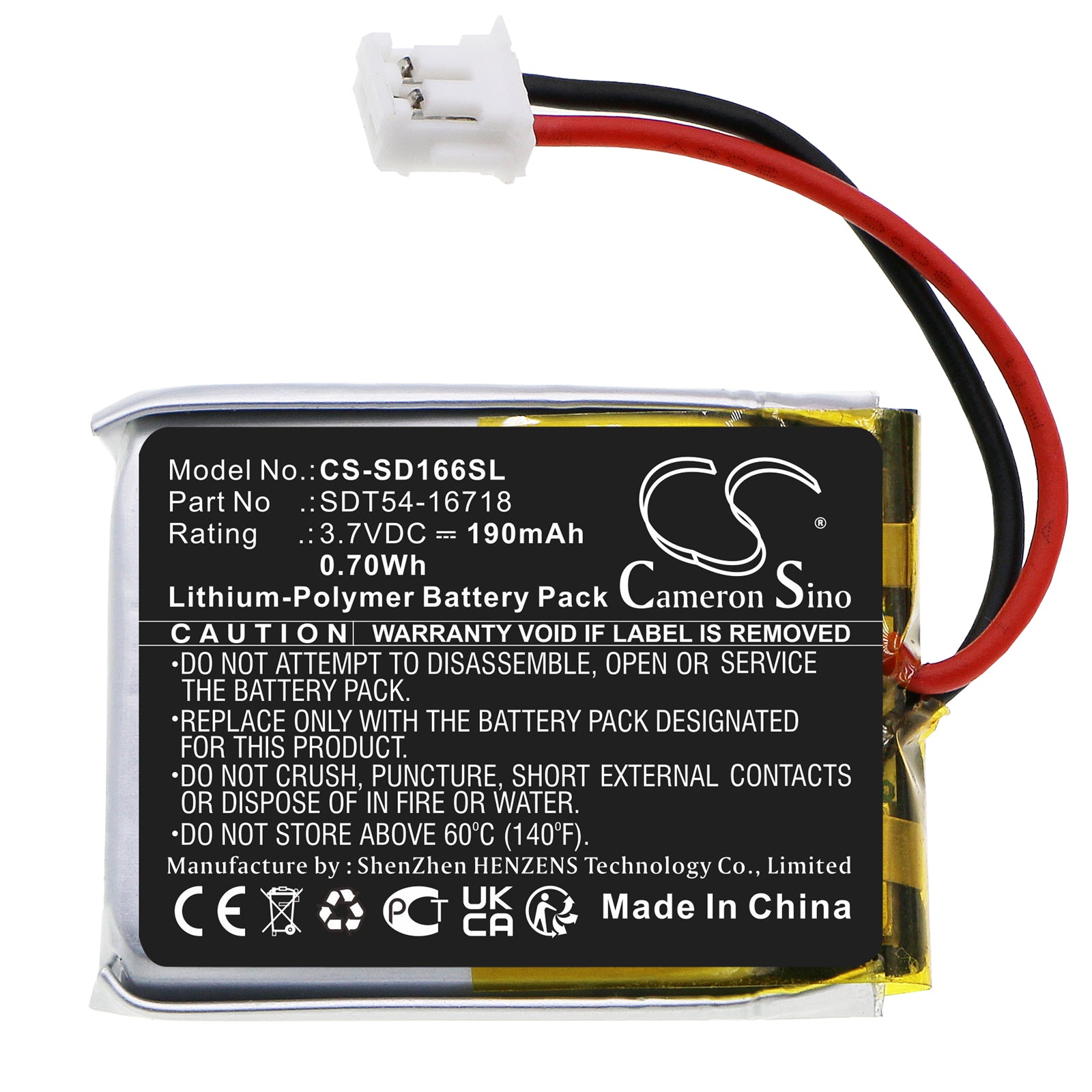 Li-Polymer, Dog Collar Battery fits Sportdog No Bark Collar Sbc-10, Sdt54-16683, 3.7V, 190mAh Dog Collar Cameron Sino Technology Limited