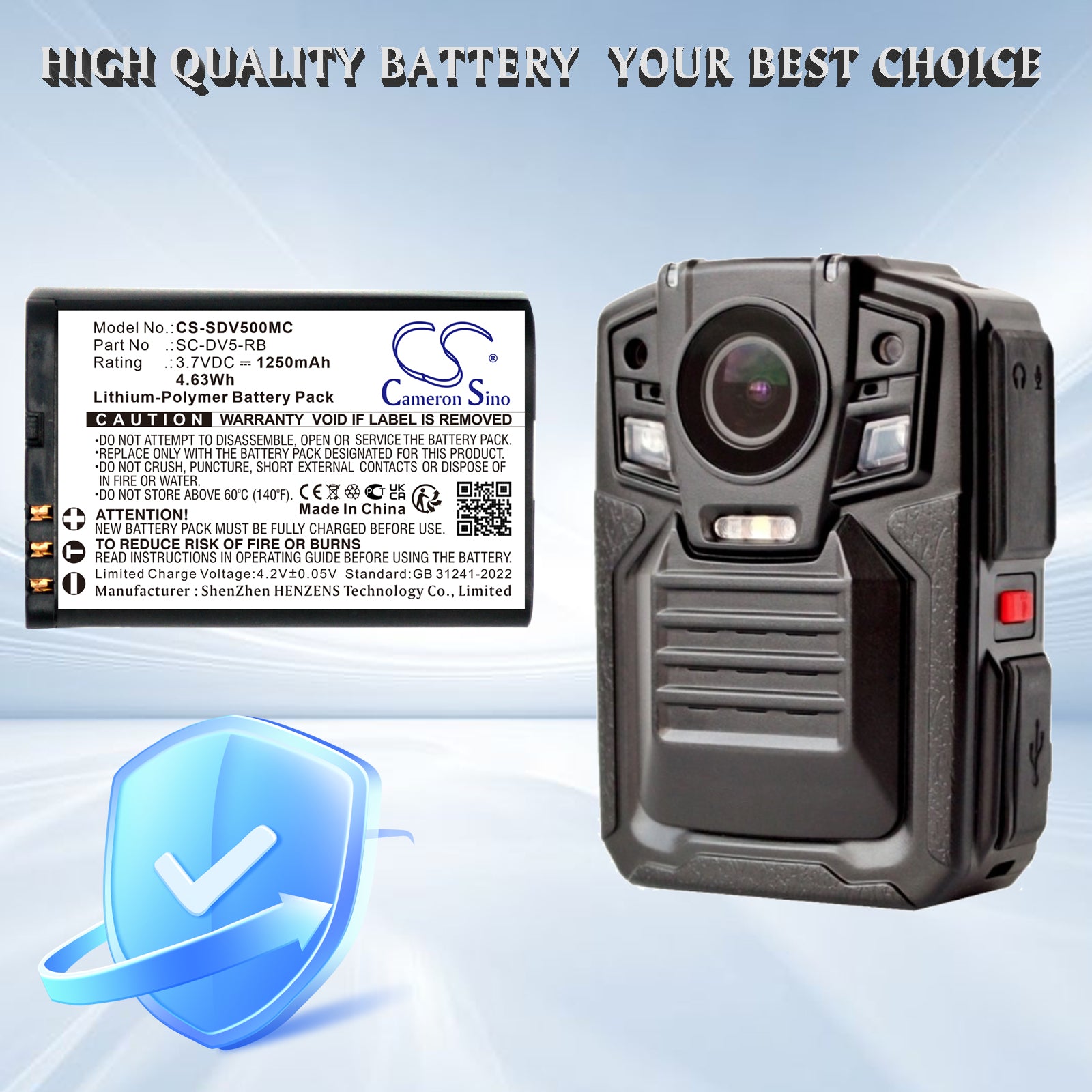 3.7V, Li-Polymer, 1250mAh, Battery fits PatrolEyes SC-DV5, SC-DV5-2, 4.63Wh Camera Cameron Sino Technology Limited