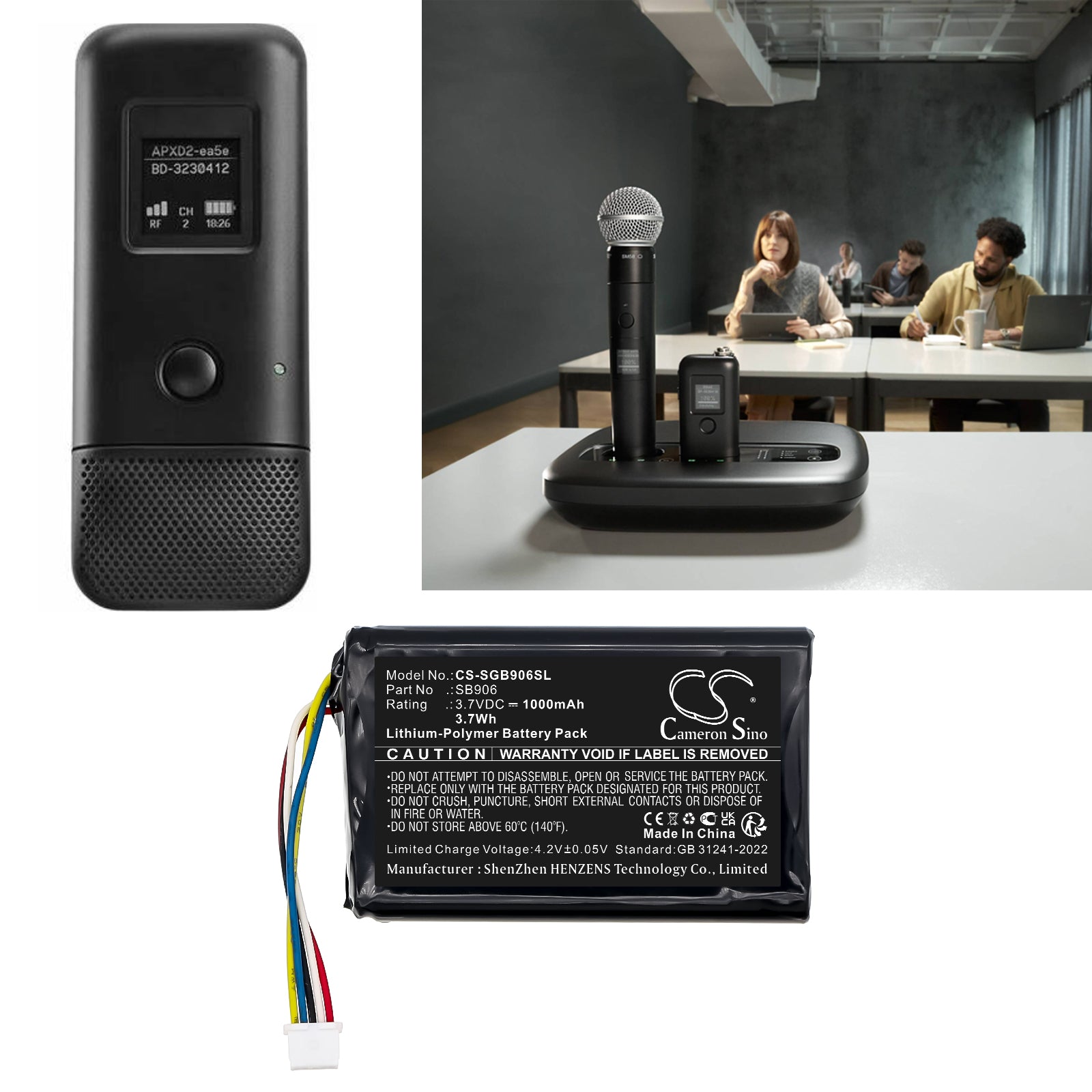 3.7V, Li-Polymer, 1000mAh, Battery fits Shure MXW1X, MXW6X, 3.7Wh Transmitters & Receiver Cameron Sino Technology Limited
