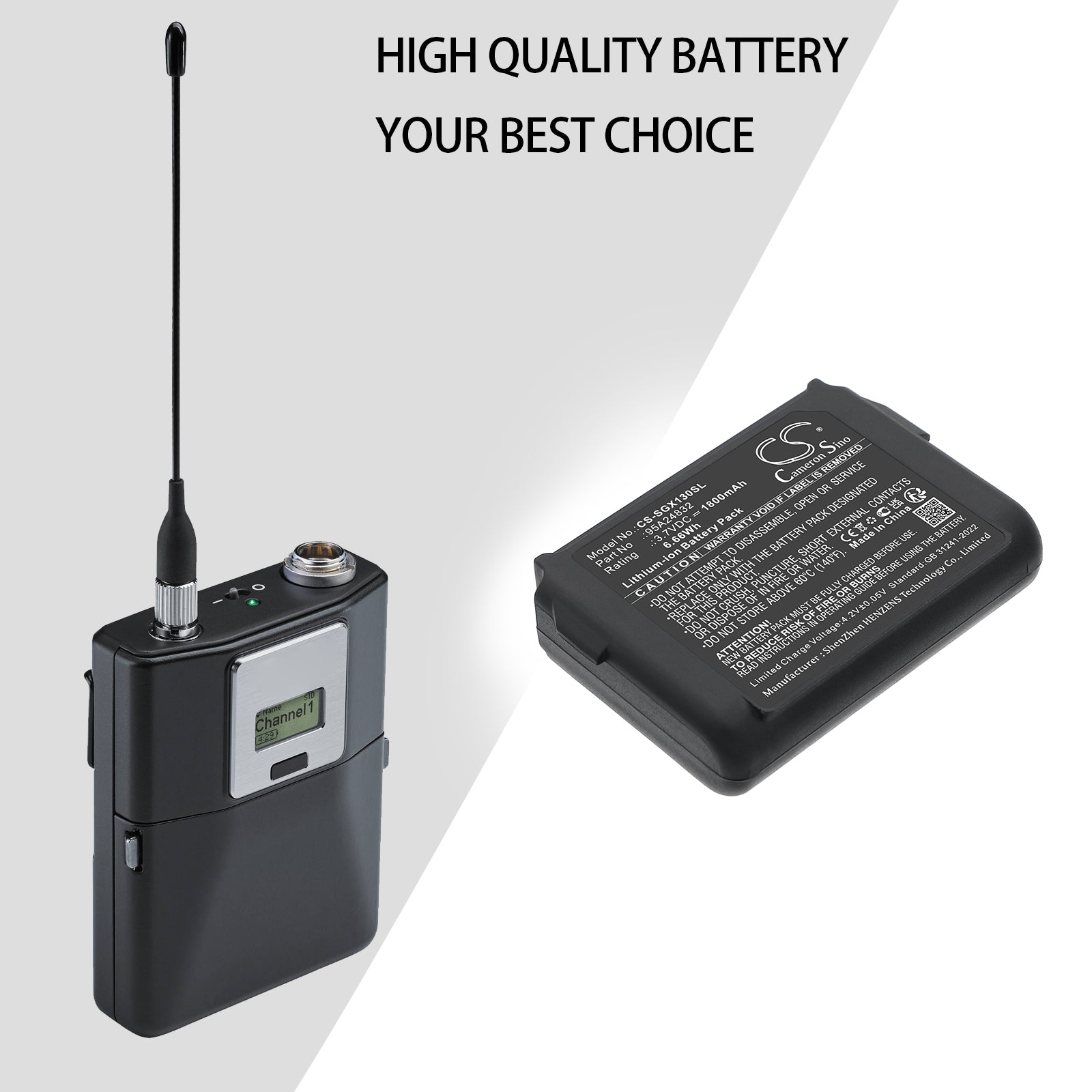 3.7V, Li-ion, 1800mAh, Battery fits Shure ADX1 bodypack transmitter, ADX1 Digital Wireless Bodypack Transmitter, 6.66Wh Transmitters & Receiver Cameron Sino Technology Limited