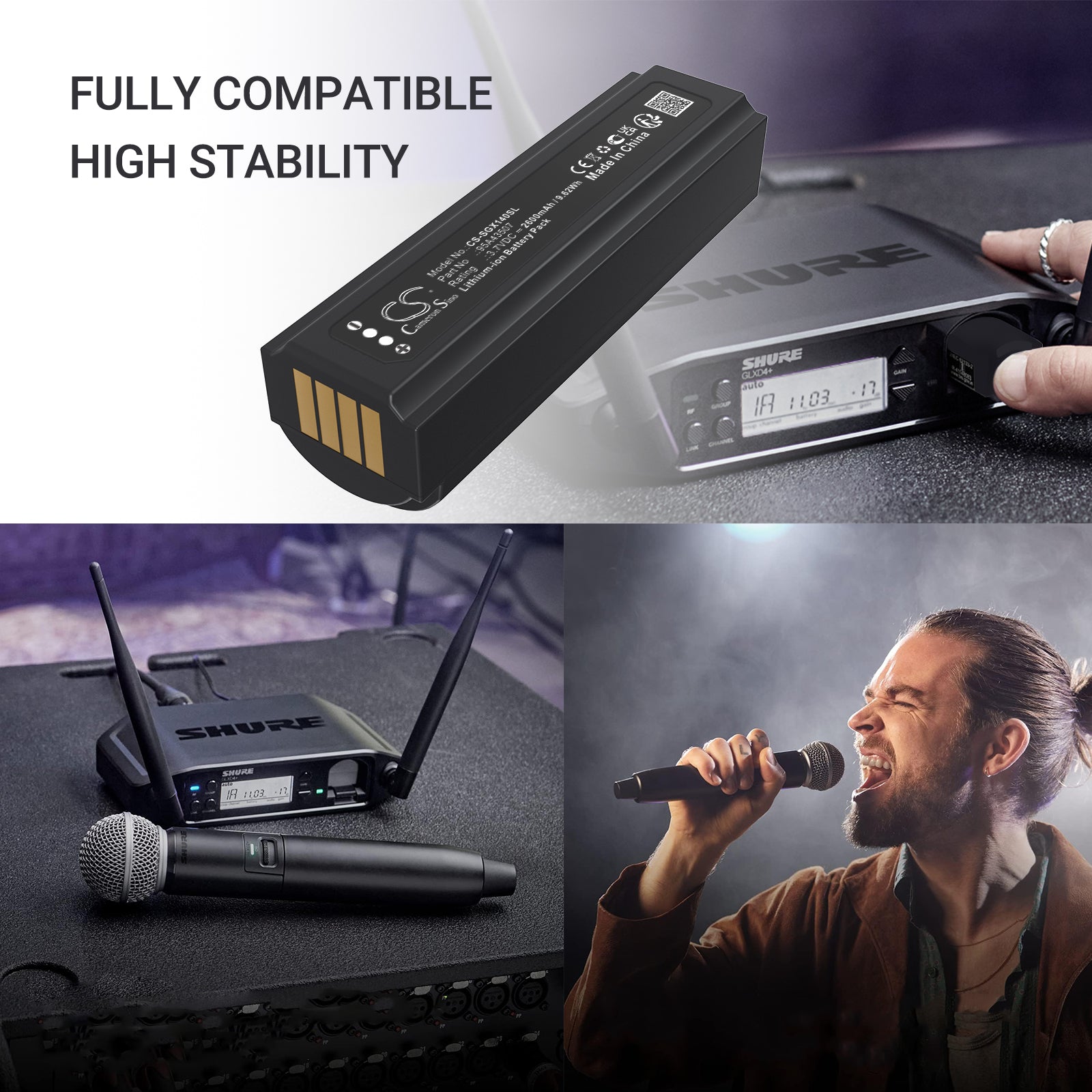 3.7V, Li-ion, 2600mAh, Battery fits Shure GLXD+, GLXD+ Handheld Wireless Microphone Transmitter, 9.62Wh Microphone Cameron Sino Technology Limited