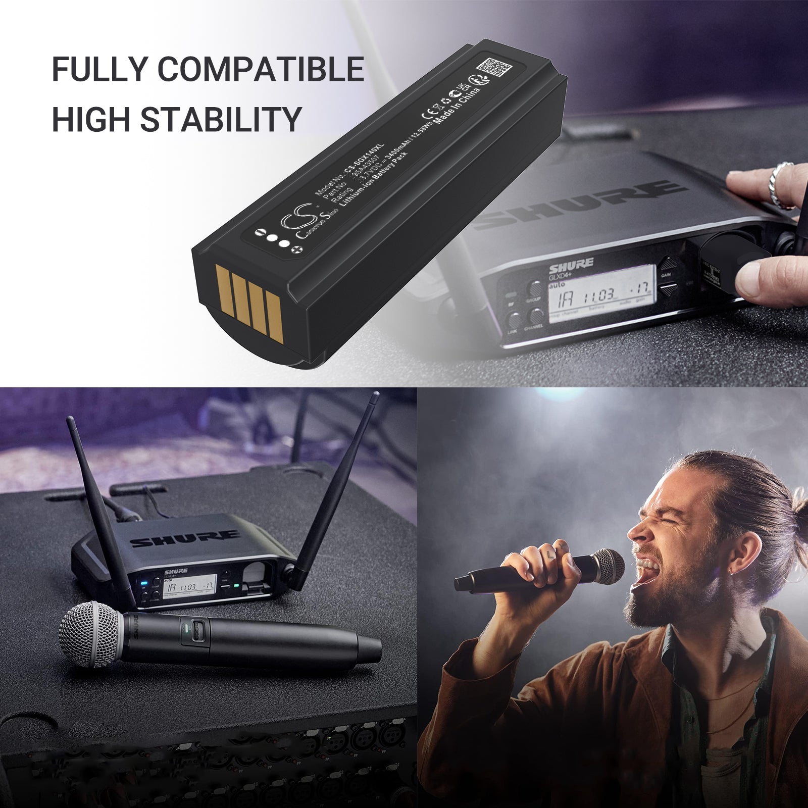 3.7V, Li-ion, 3400mAh, Battery fits Shure GLXD+, GLXD+ Handheld Wireless Microphone Transmitter, 12.58Wh Microphone Cameron Sino Technology Limited
