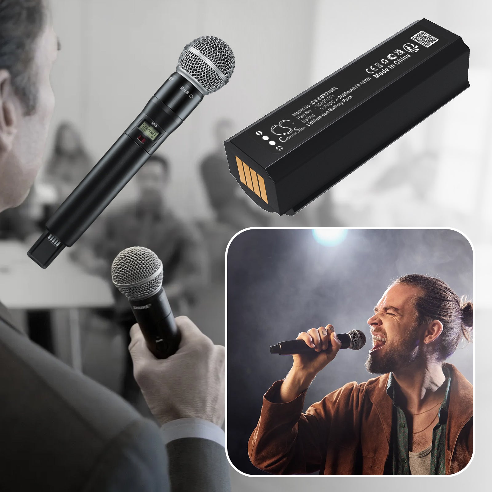3.7V, Li-ion, 2600mAh, Battery fits Shure ADX2, ADX2 Handheld Wireless Microphone Transmitter, 9.62Wh Microphone Cameron Sino Technology Limited