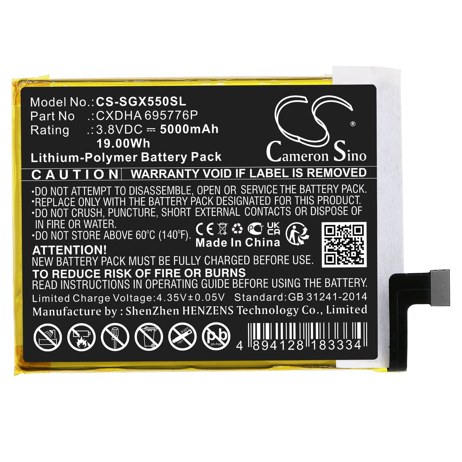 Li-Polymer, GPS, Navigator Battery fits Skygolf Skycaddie Sx550, 3.8V, 5000mAh GPS, Navigator Cameron Sino Technology Limited
