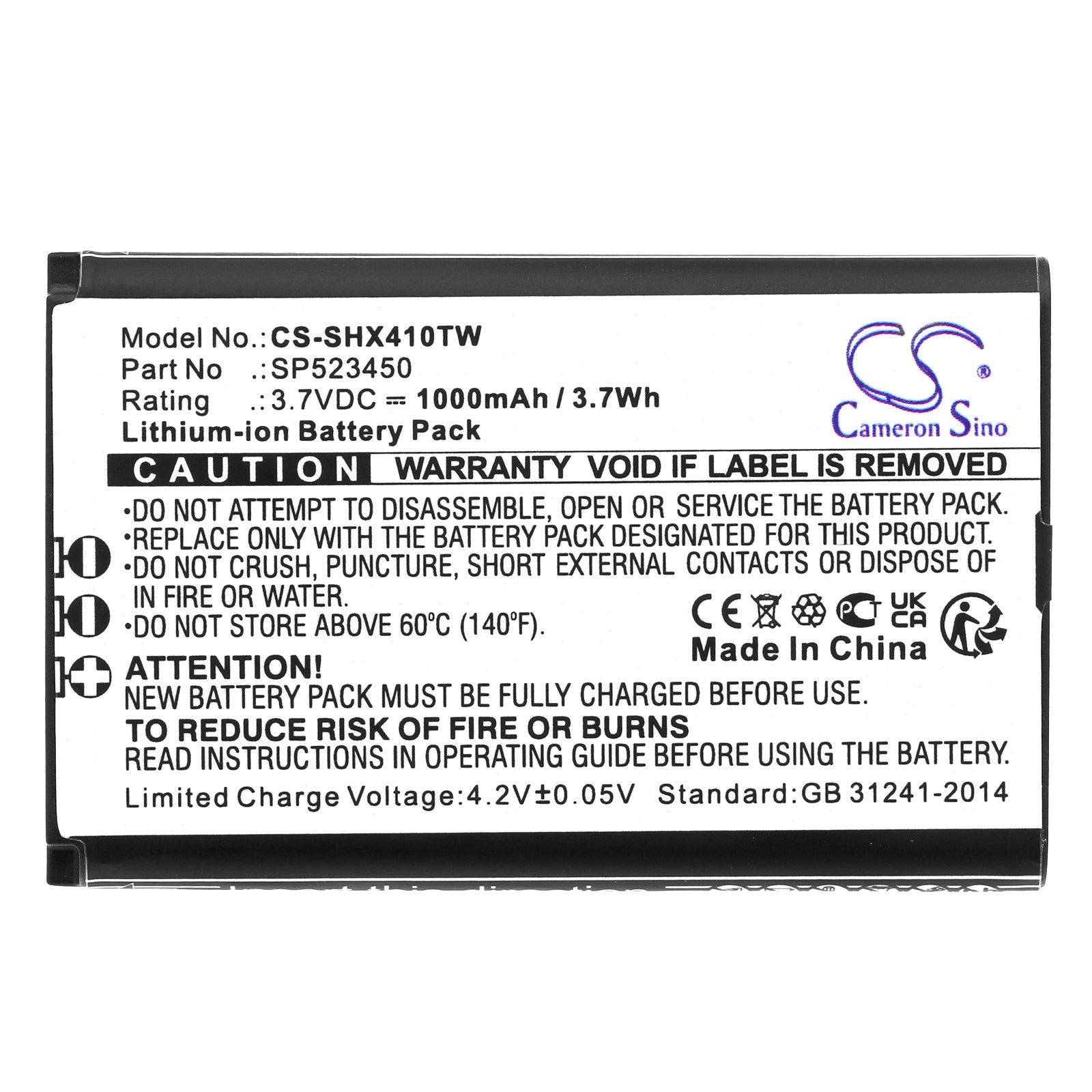 Li-ion, Two-Way Radio Battery fits Senhaix 1410, 1420, 3.7V, 1000mAh Two-Way Radio Cameron Sino Technology Limited