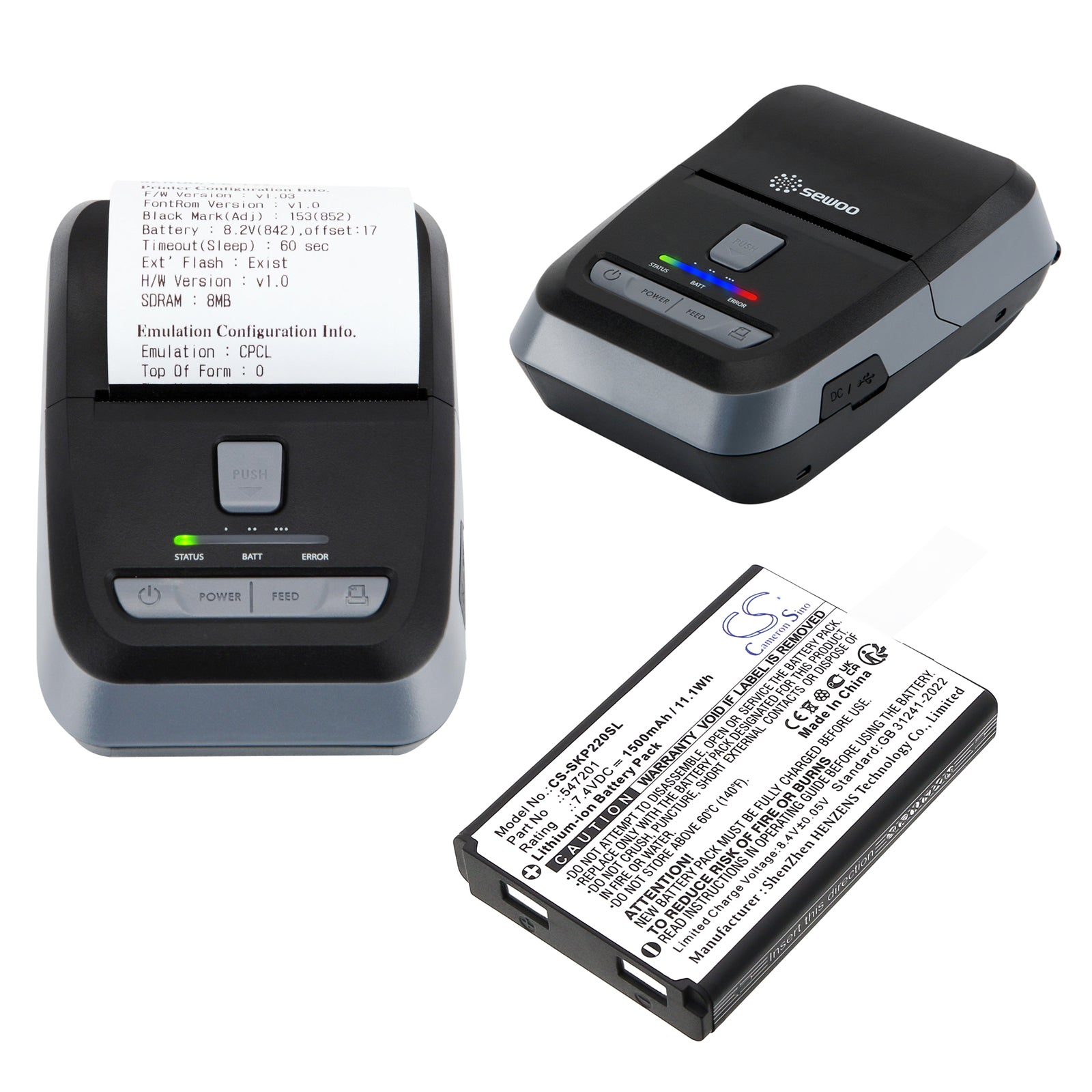7.4V, Li-ion, 1500mAh, Battery fits SEWOO LK-P22, LK-P24, 11.1Wh Portable Printer Cameron Sino Technology Limited