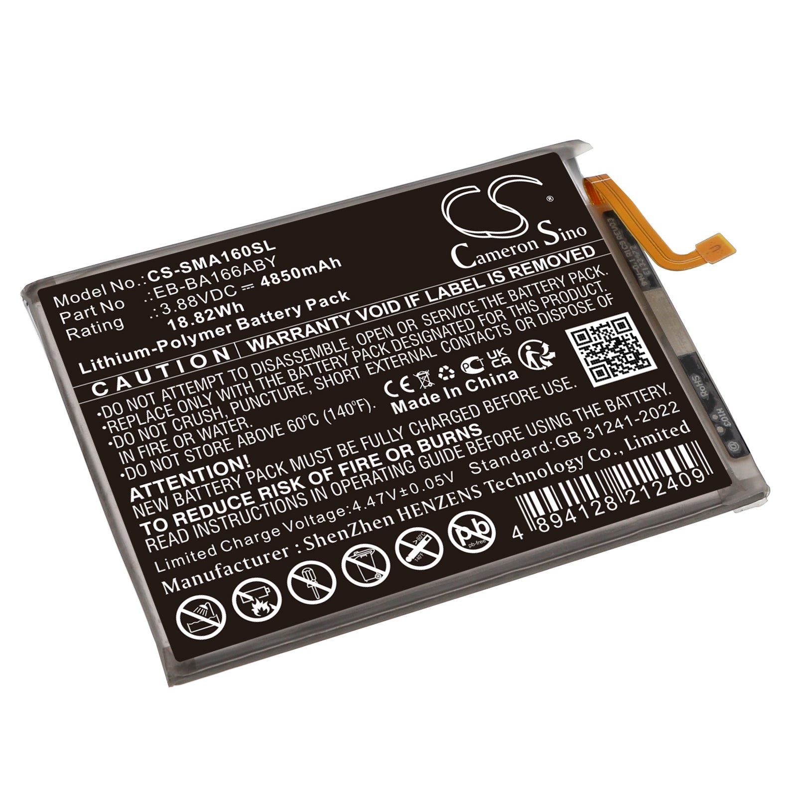 3.88V, Li-Polymer, 4850mAh, Battery fits Samsung Galaxy A16 5G, SM-A166B, 18.82Wh Mobile, SmartPhone Cameron Sino Technology Limited