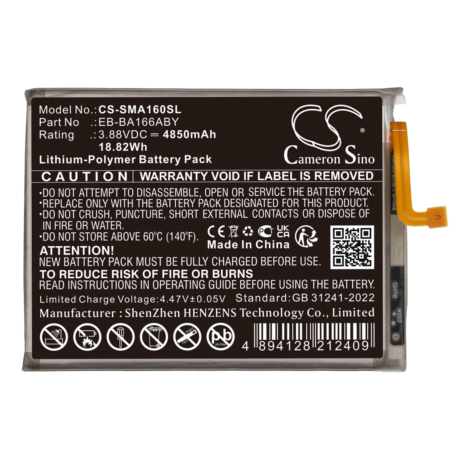3.88V, Li-Polymer, 4850mAh, Battery fits Samsung Galaxy A16 5G, SM-A166B, 18.82Wh Mobile, SmartPhone Cameron Sino Technology Limited