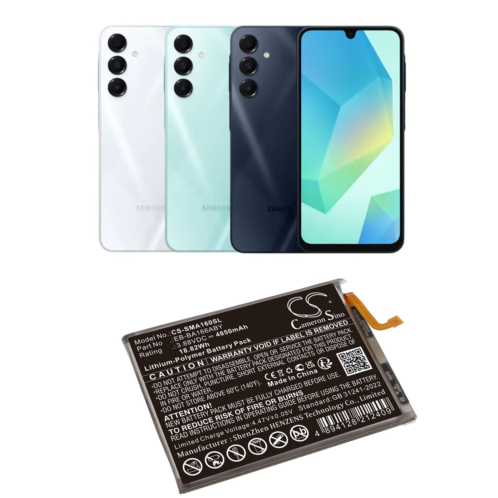 3.88V, Li-Polymer, 4850mAh, Battery fits Samsung Galaxy A16 5G, SM-A166B, 18.82Wh Mobile, SmartPhone Cameron Sino Technology Limited