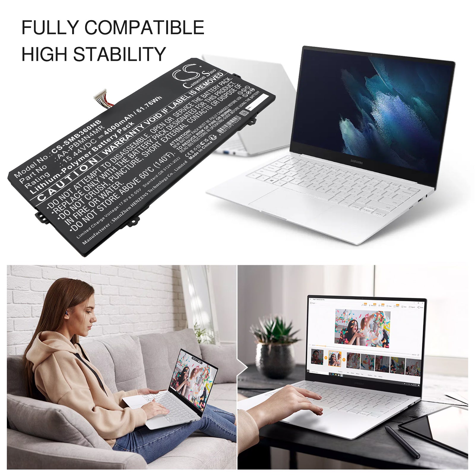 15.44V, Li-Polymer, 4000mAh, Battery fits Samsung Galaxy Book2 Pro 13, Galaxy Book2 Pro 13 NP930XED-KA1BE, 61.76Wh Notebook, Laptop Cameron Sino Technology Limited