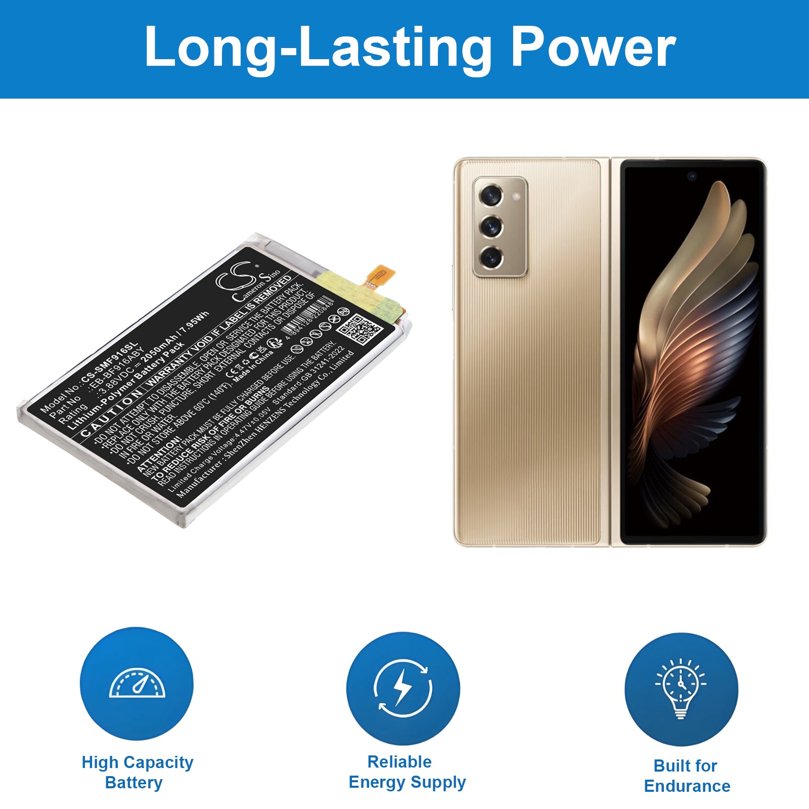 3.88V, Li-Polymer, 2050mAh, Battery fits Samsung Galaxy W21 5G, Galaxy Z Fold2, 7.95Wh Mobile, SmartPhone Cameron Sino Technology Limited