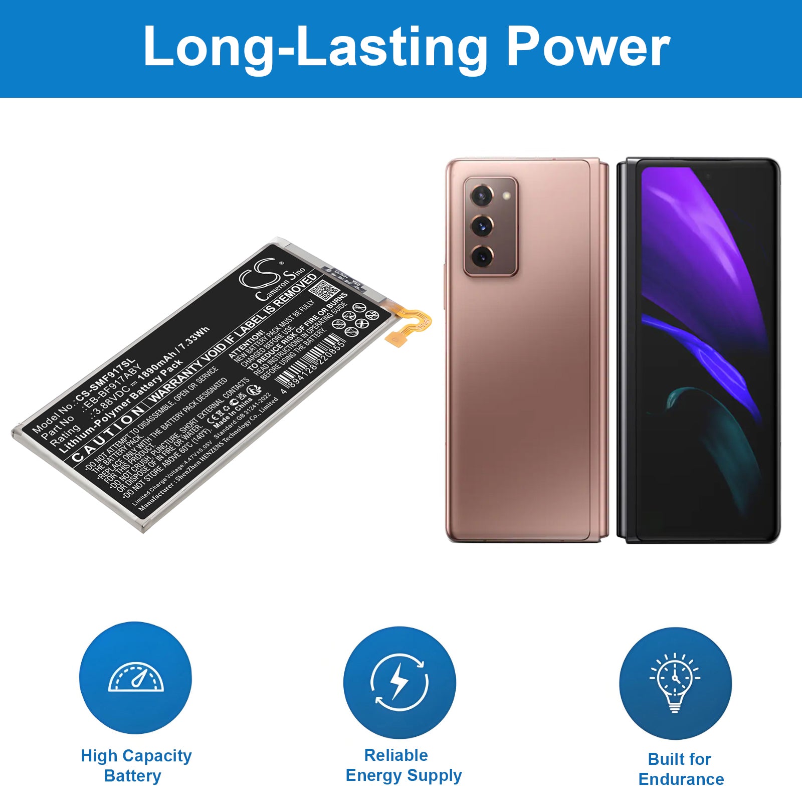 3.88V, Li-Polymer, 1890mAh, Battery fits Samsung Galaxy W21 5G, Galaxy Z Fold2, 7.33Wh Mobile, SmartPhone Cameron Sino Technology Limited