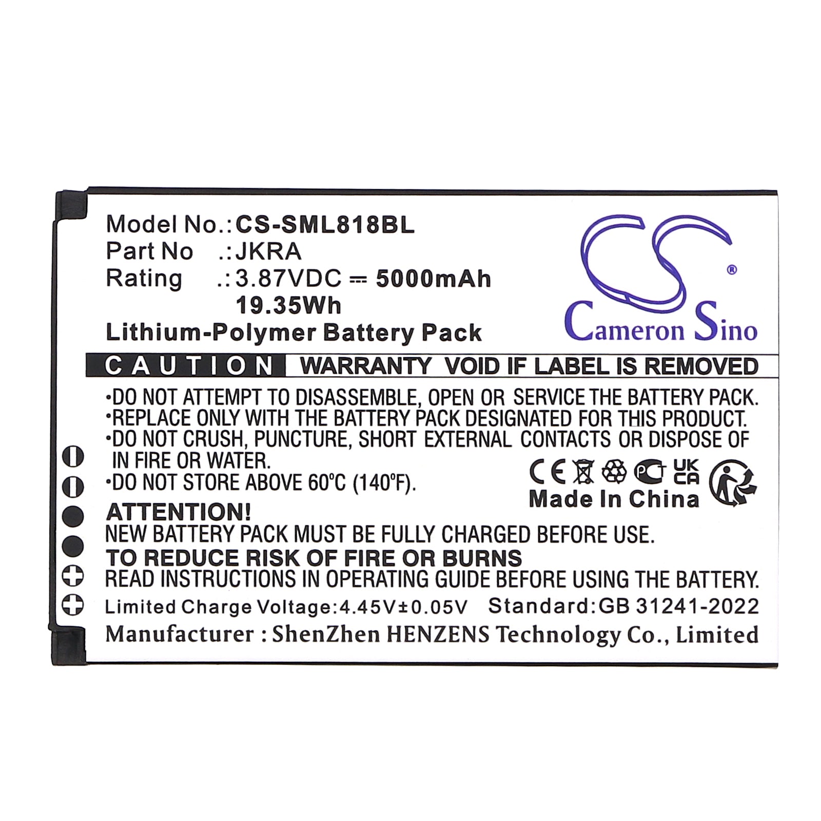 3.87V, Li-Polymer, 5000mAh, Battery fits Sunmi L2KS, T8A10 | Geenk G3, 19.35Wh Payment Terminal Cameron Sino Technology Limited