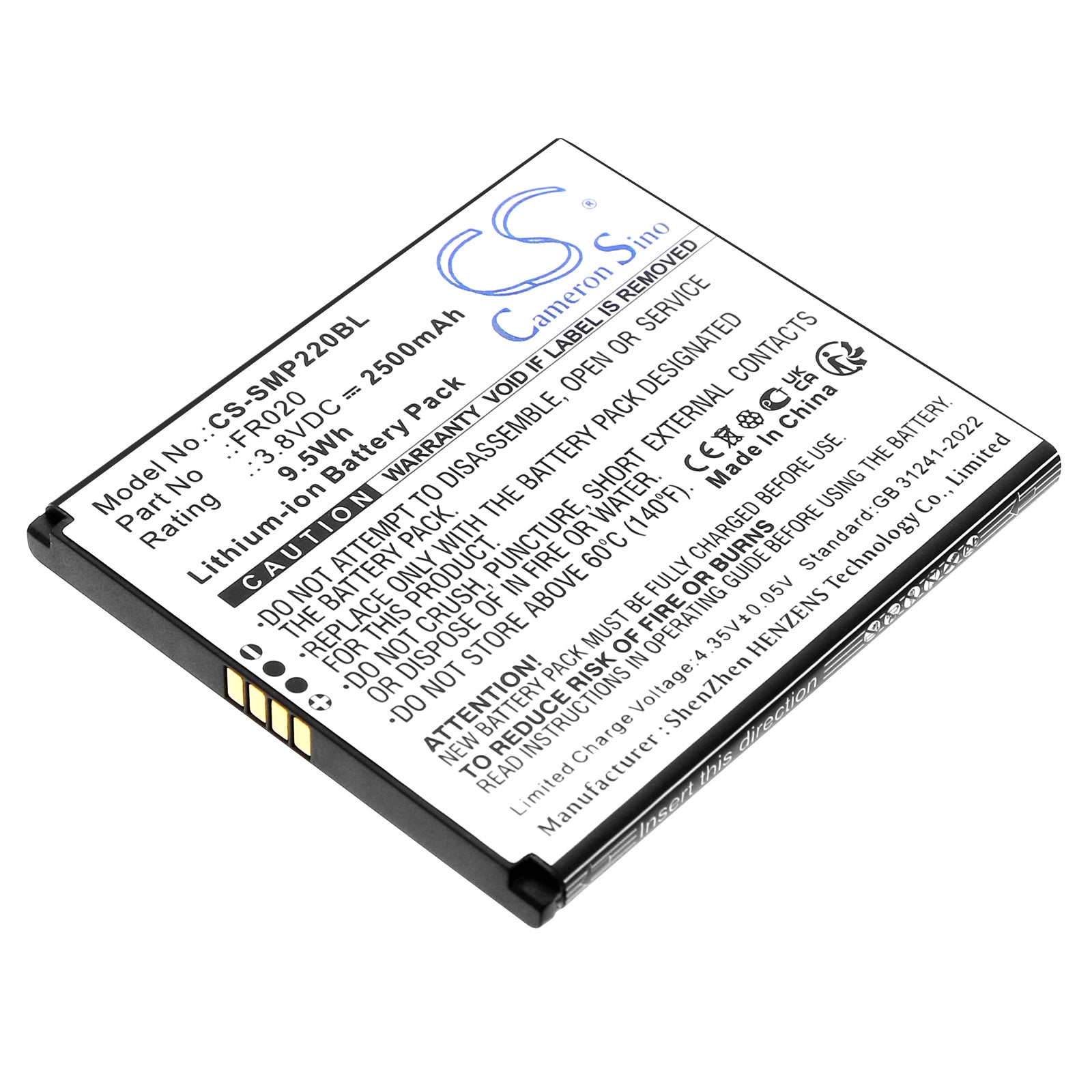 3.8V, Li-ion, 2500mAh, Battery fits Sunmi P2 Mini, 9.5Wh Payment Terminal Cameron Sino Technology Limited