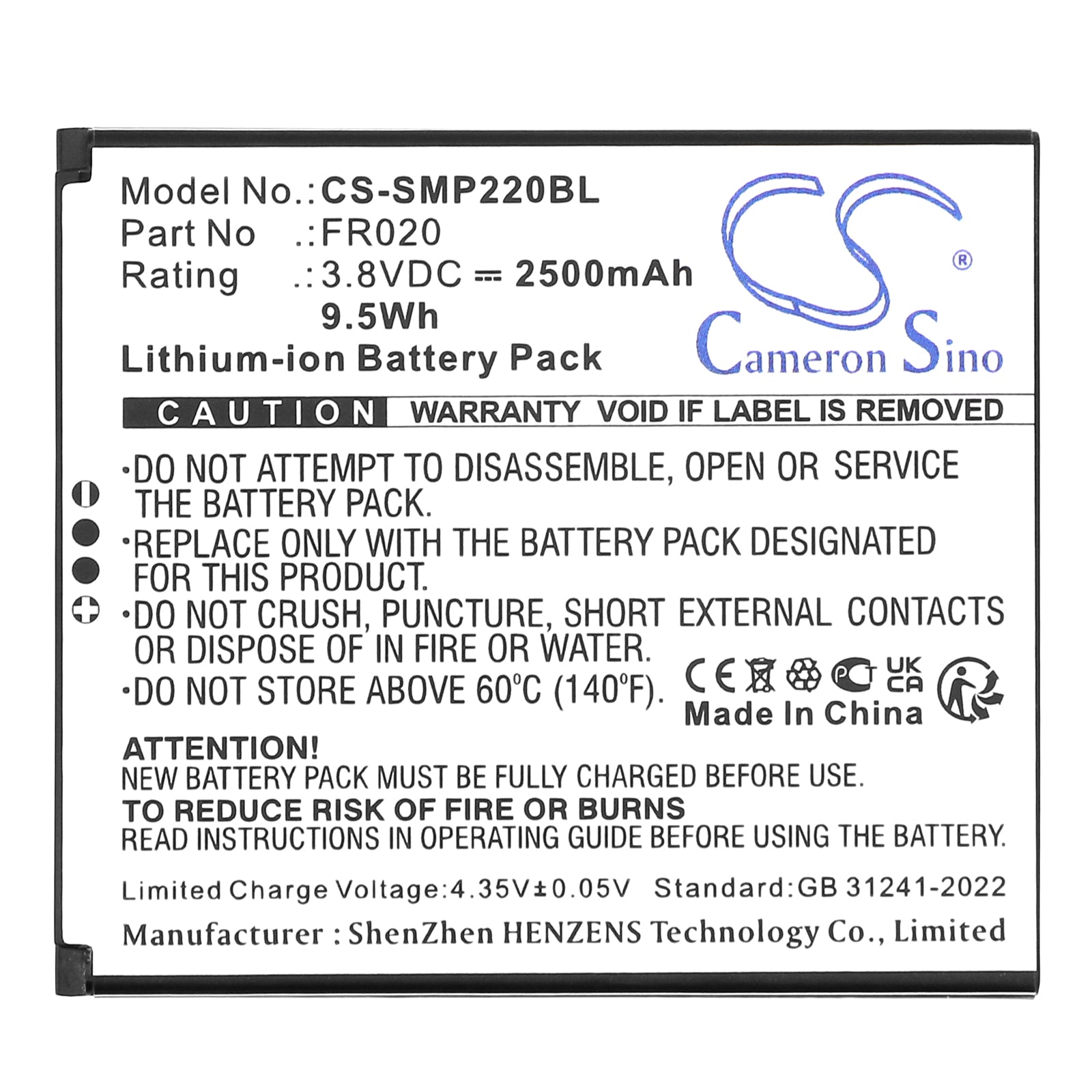 3.8V, Li-ion, 2500mAh, Battery fits Sunmi P2 Mini, 9.5Wh Payment Terminal Cameron Sino Technology Limited