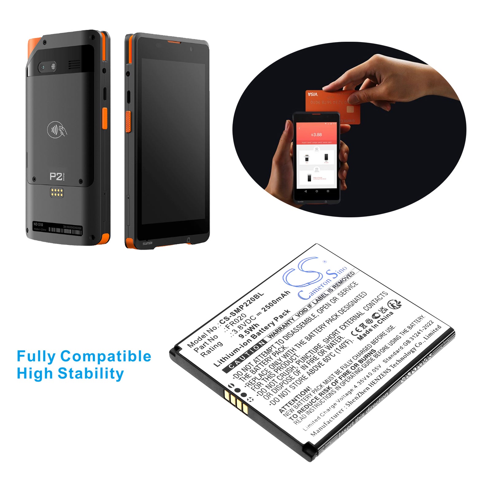 3.8V, Li-ion, 2500mAh, Battery fits Sunmi P2 Mini, 9.5Wh Payment Terminal Cameron Sino Technology Limited