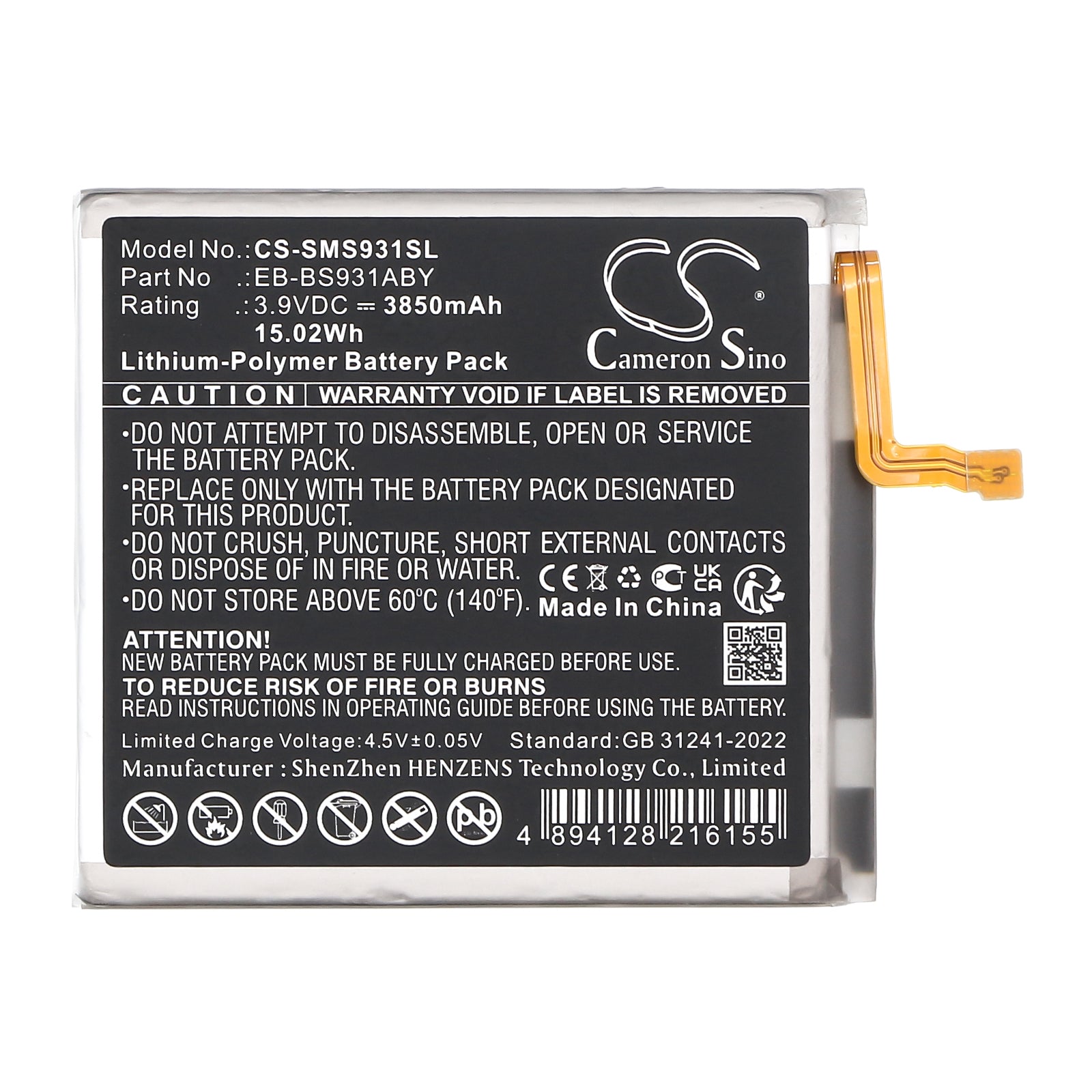 3.9V, Li-Polymer, 3850mAh, Battery fits Samsung Galaxy S25 5G, SM-S9310, 15.02Wh Mobile, SmartPhone Cameron Sino Technology Limited