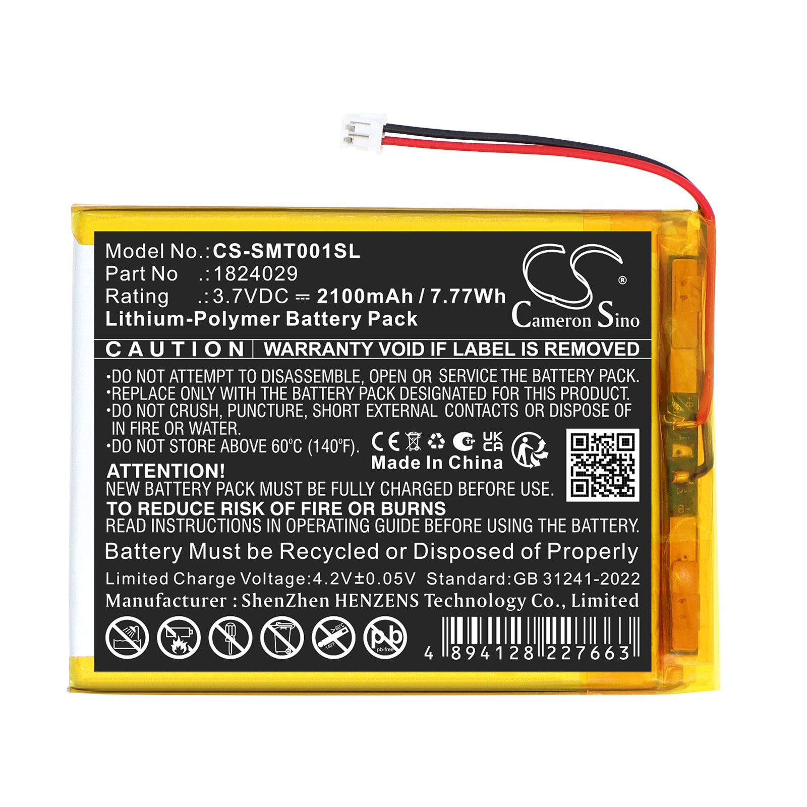 3.7V, Li-Polymer, 2100mAh, Battery fits Somfy 1824029, TaHoma Pad io, 7.77Wh Smart Home Cameron Sino Technology Limited